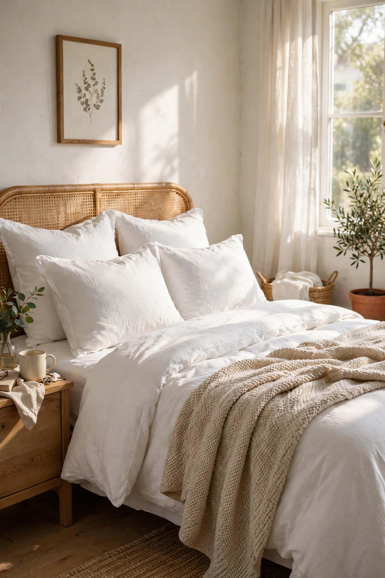 Guest bed dressed in crisp all-white bedding layers with one textured throw