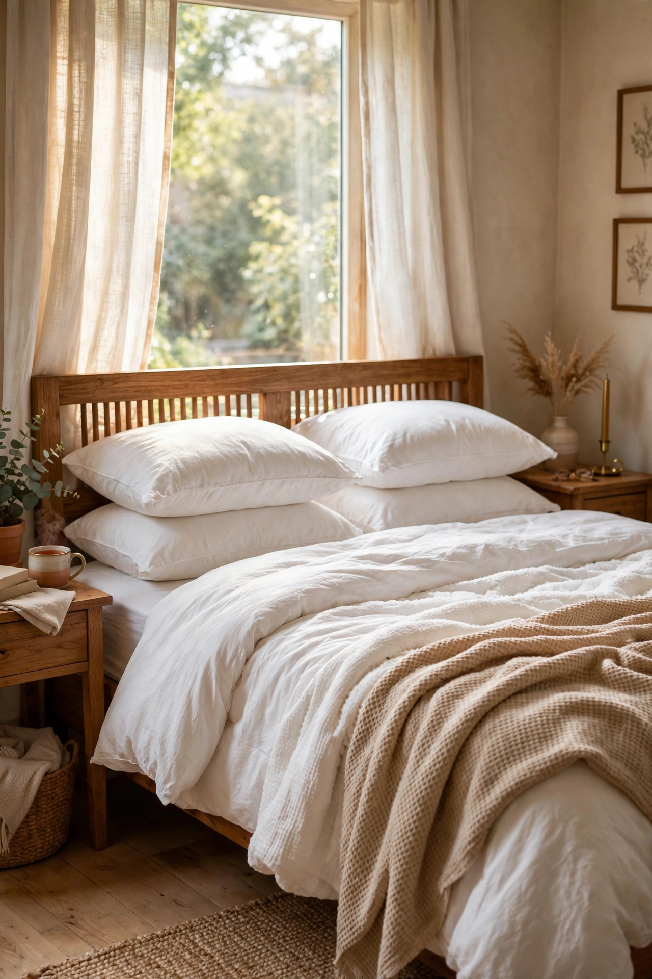 Guest bed with two styled pillows per side, one flat and one upright