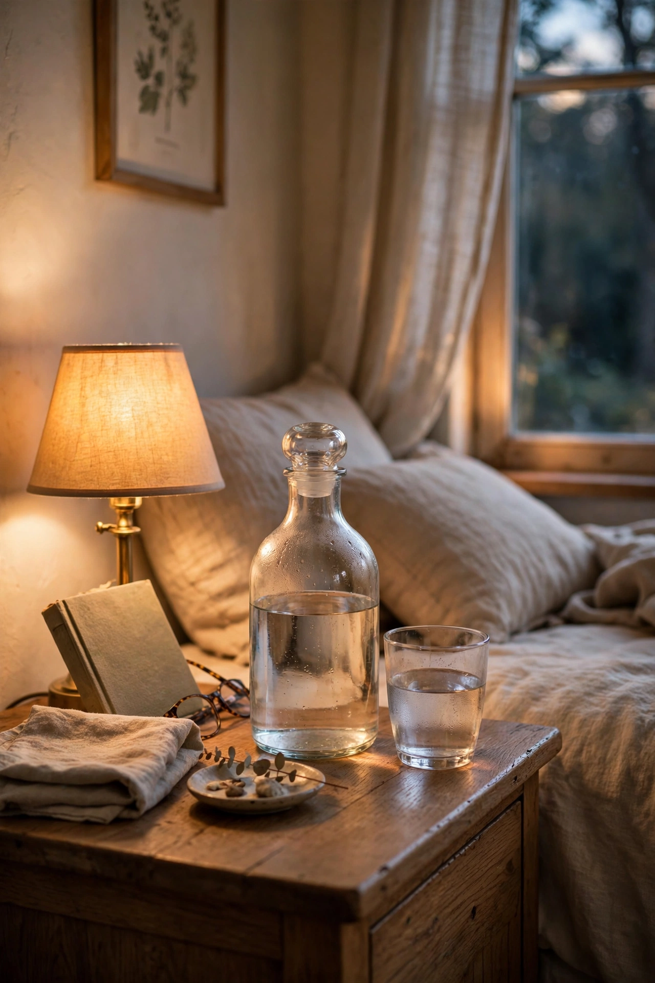 Glass water carafe and tumbler set on a guest bedroom nightstand
