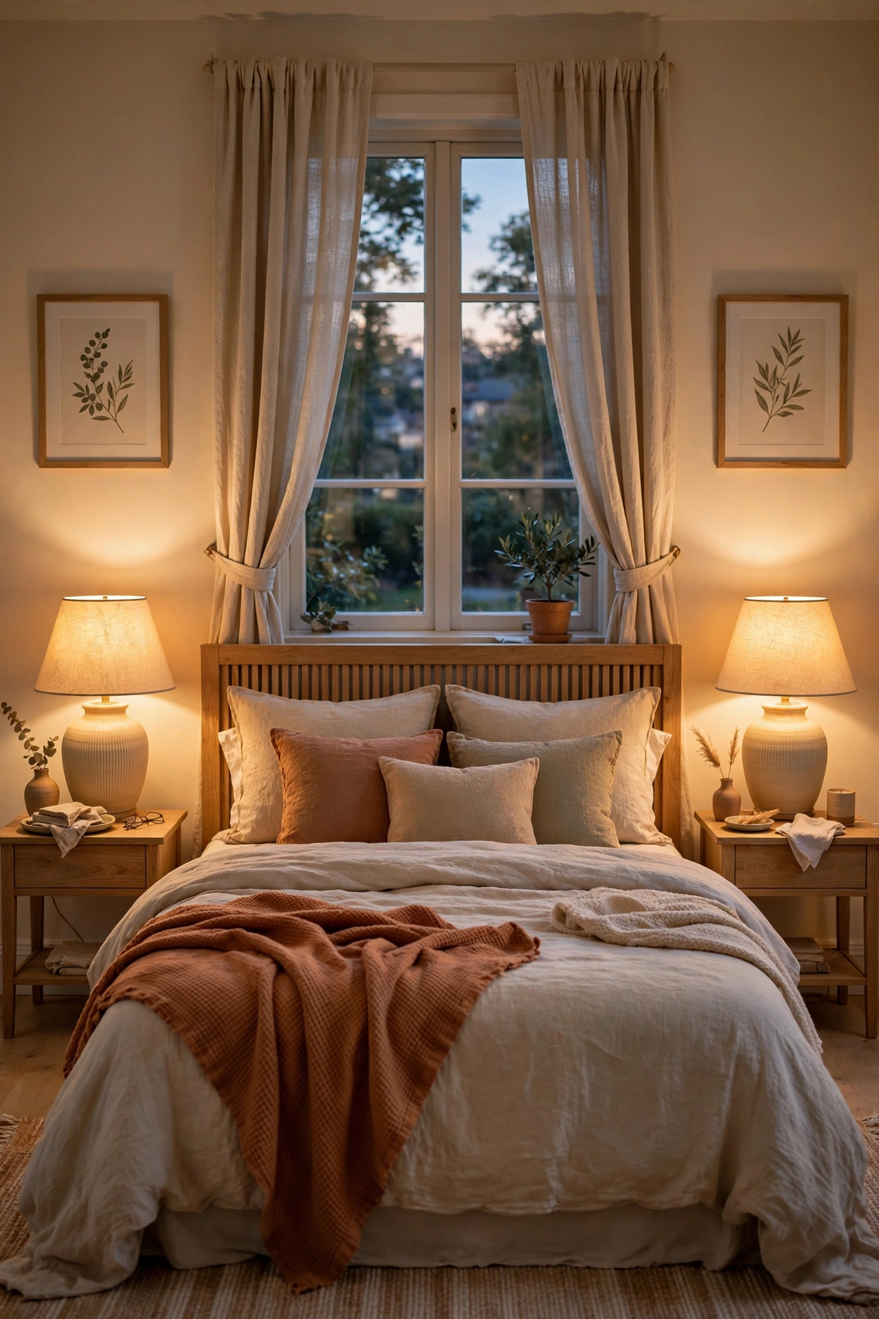 Matching ceramic table lamps glowing on both nightstands flanking a guest bed