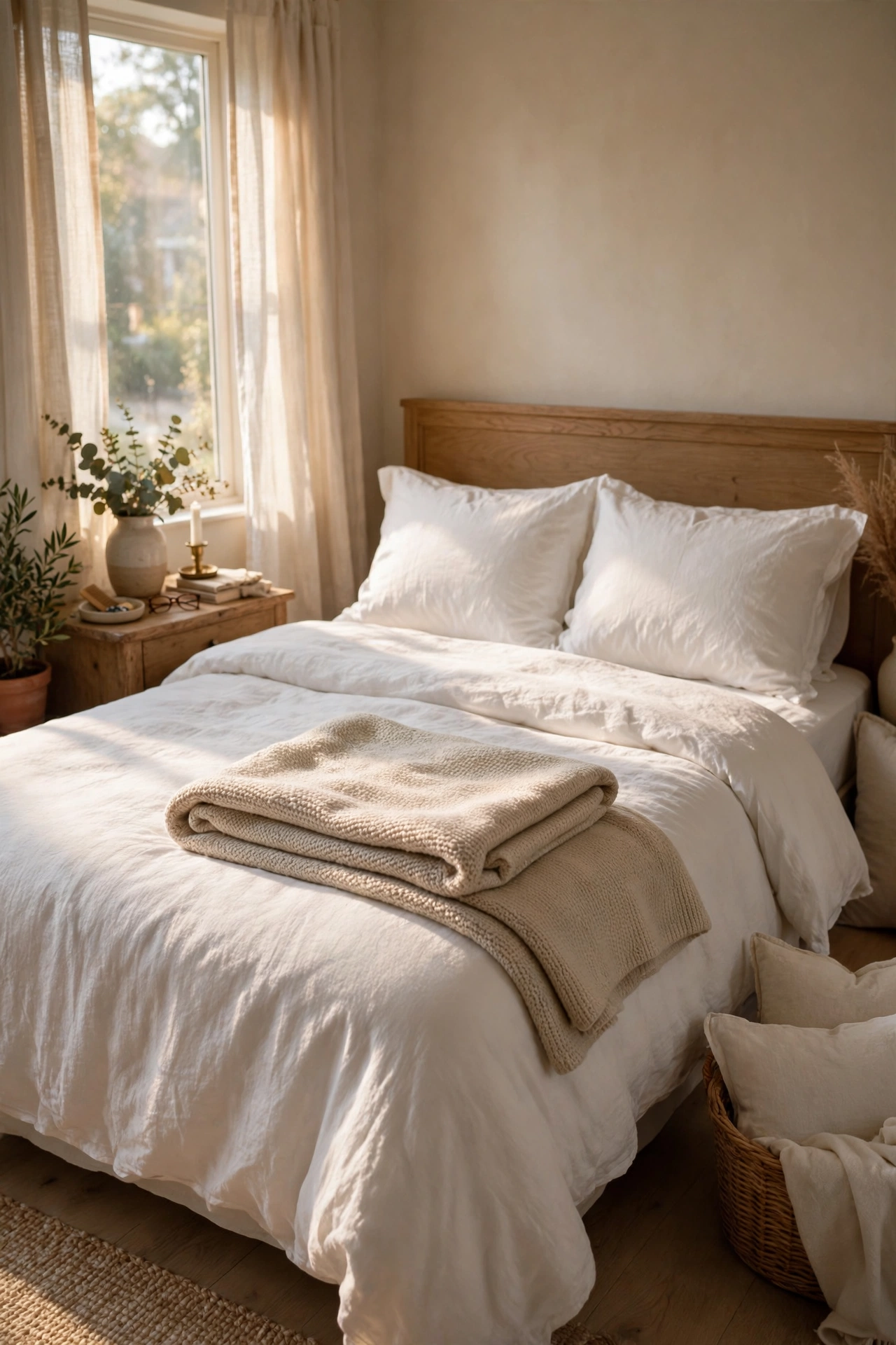 Soft knit throw folded in thirds across the foot of a guest bed
