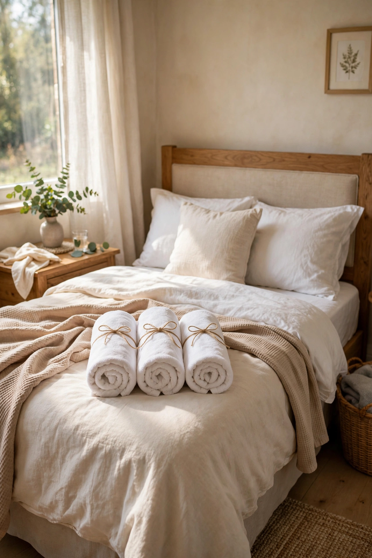White towels rolled and tied with ribbon arranged on a guest bed