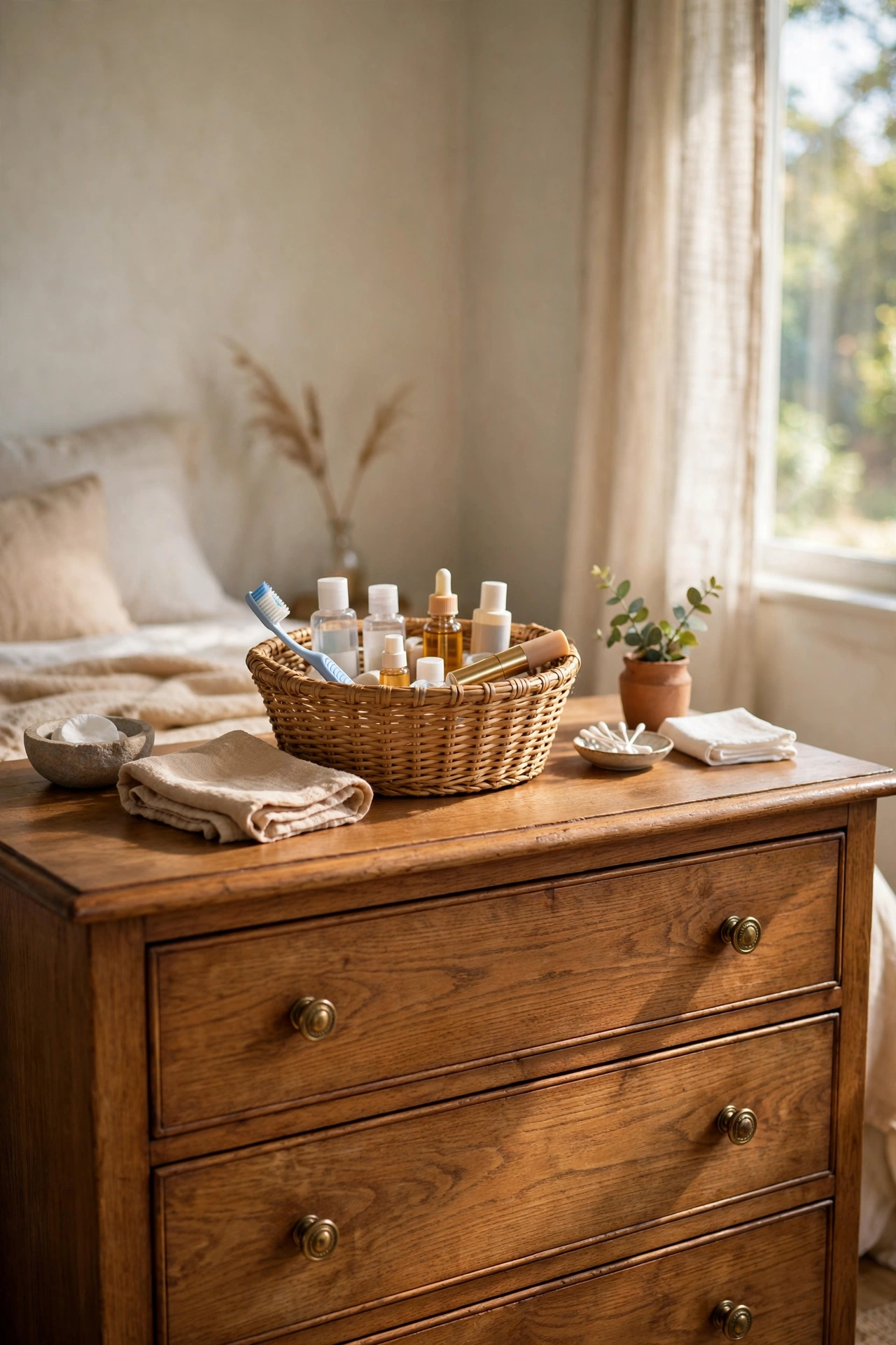 Woven basket of mini toiletries and a spare toothbrush in a guest bedroom