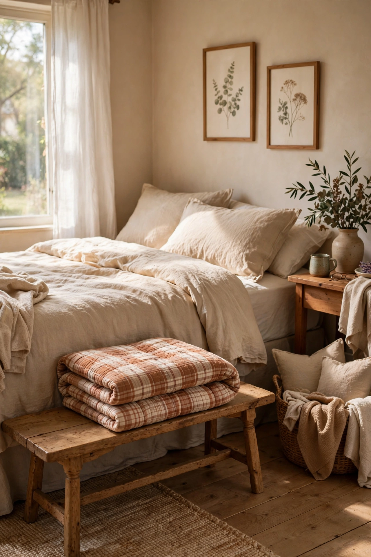 Spare folded quilt placed visibly on a bench at the foot of a guest bed
