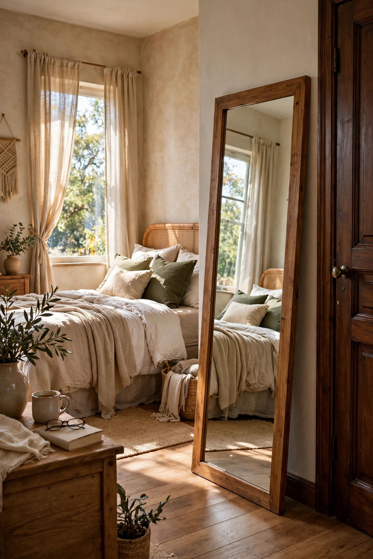 Full-length mirror leaning by the door of a guest bedroom