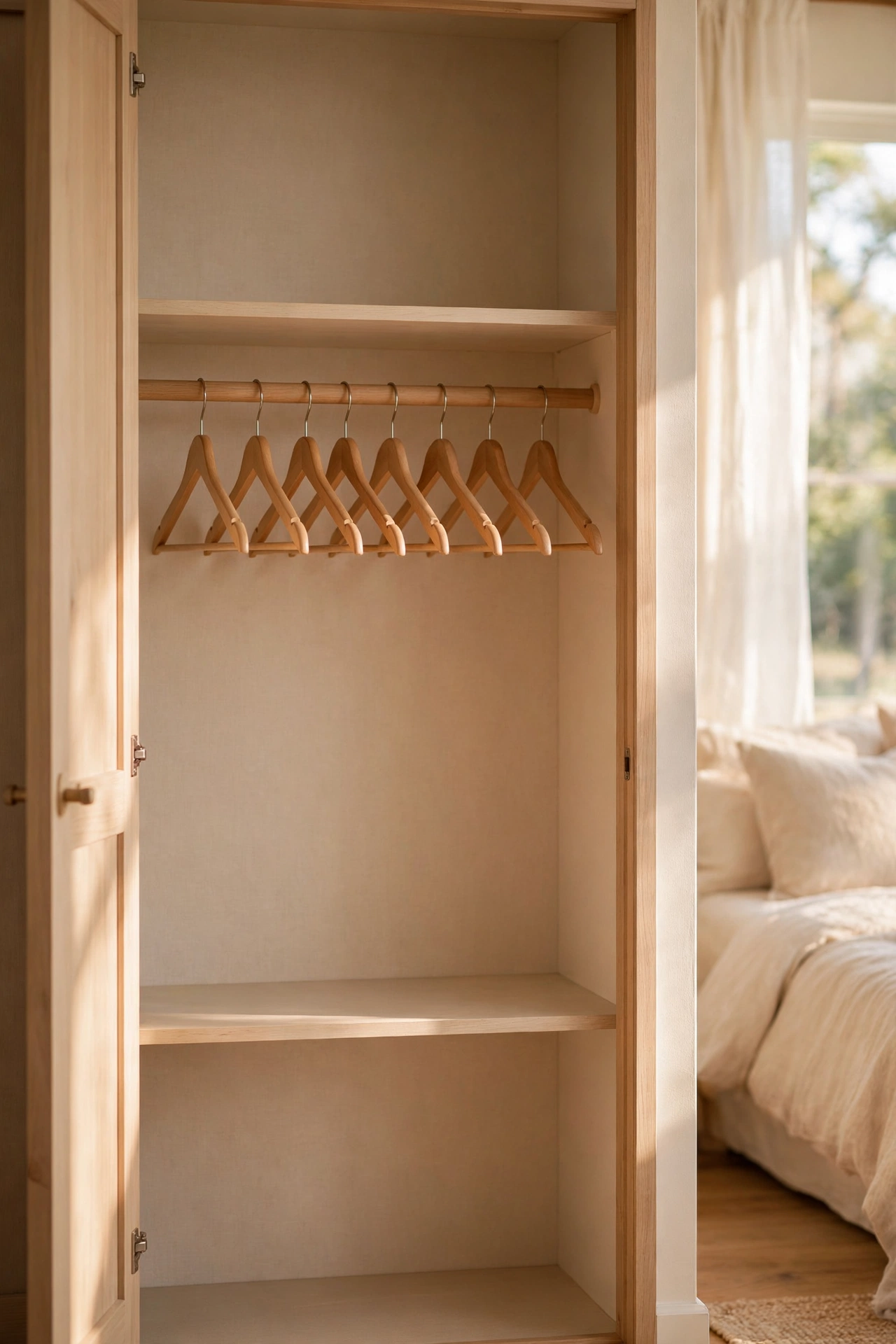 Guest bedroom closet cleared with empty matching hangers ready for visitors