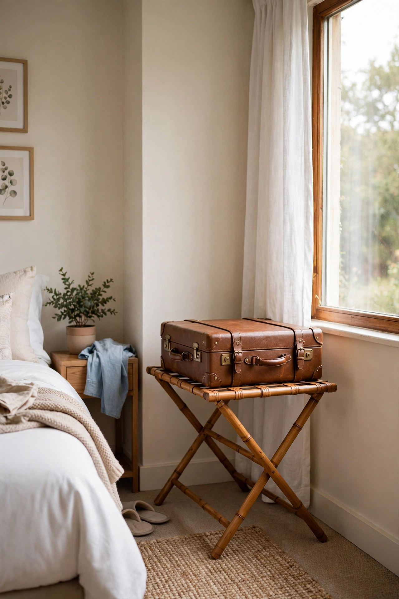 Folding bamboo luggage rack set up in the corner of a guest bedroom
