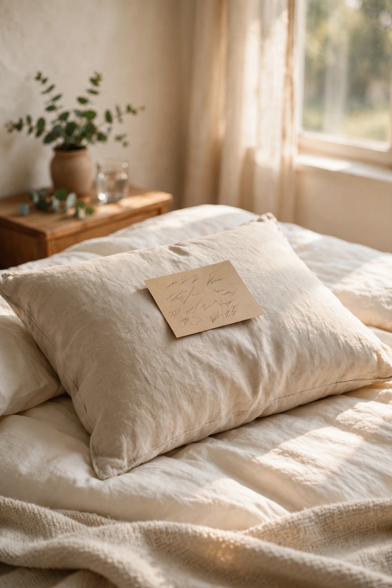 Handwritten welcome note with wifi password placed on a guest bed pillow