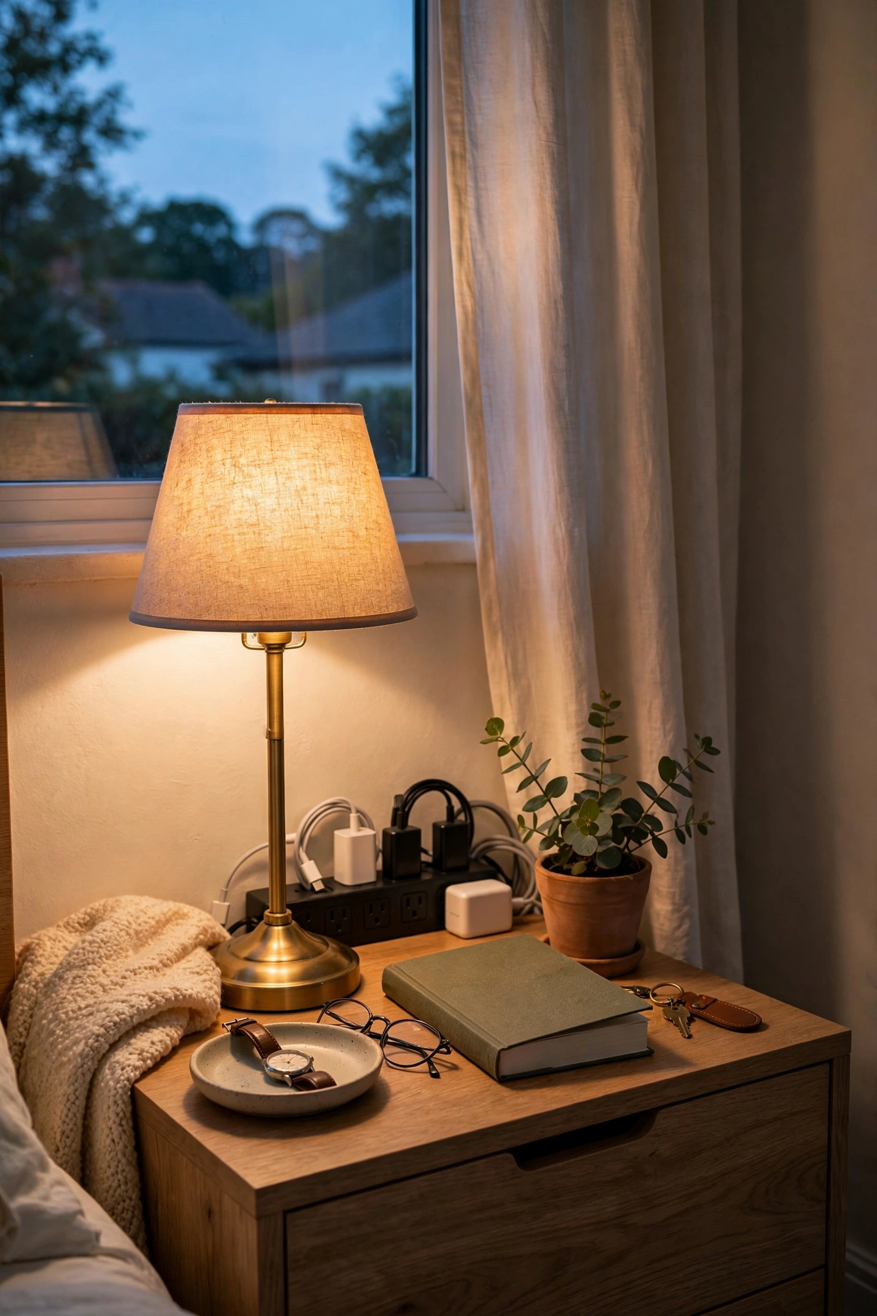 Bedside charging setup with power strip and spare chargers behind a guest nightstand