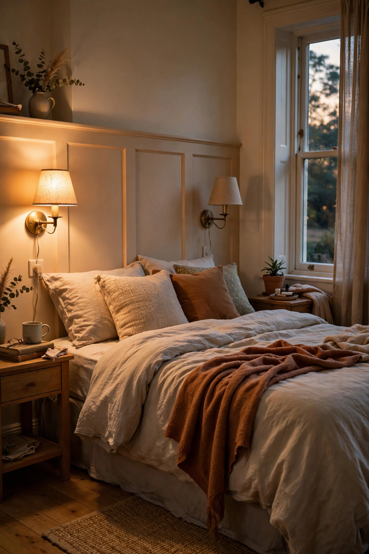 Two plug-in wall sconces mounted one per side of a guest bed for reading