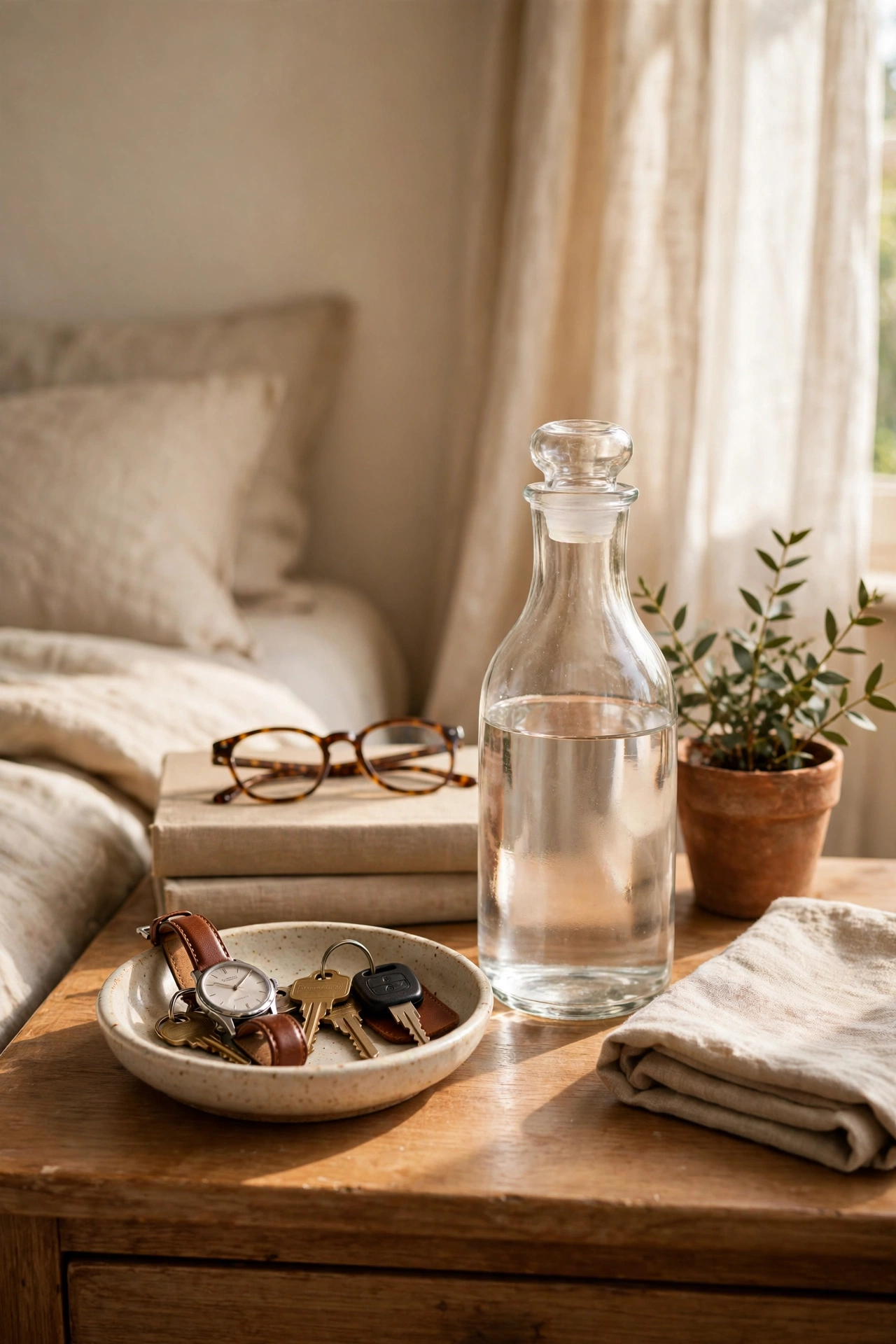 Small ceramic dish for jewelry and keys on a guest bedroom nightstand