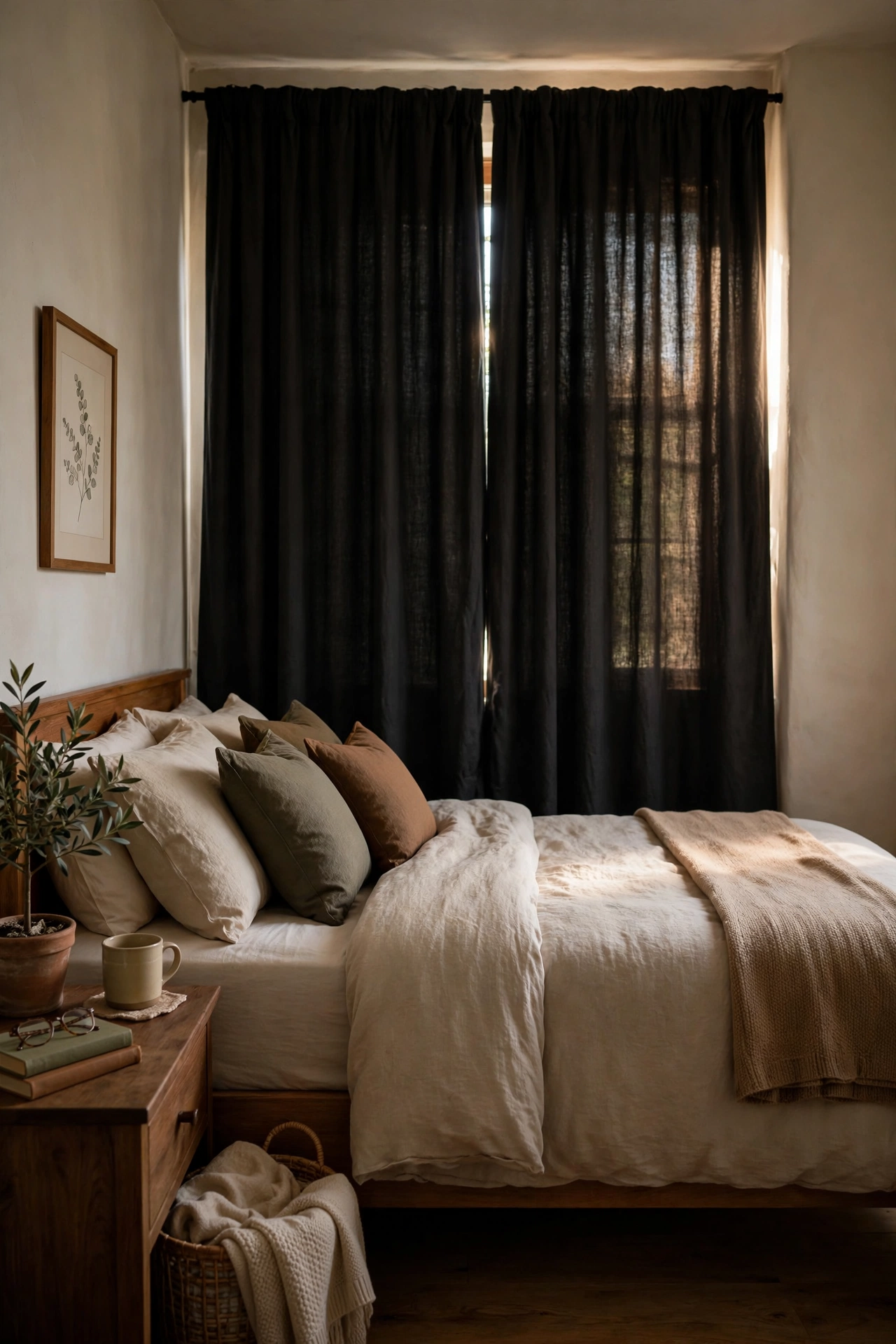Blackout curtains fully drawn in a guest bedroom blocking all outside light