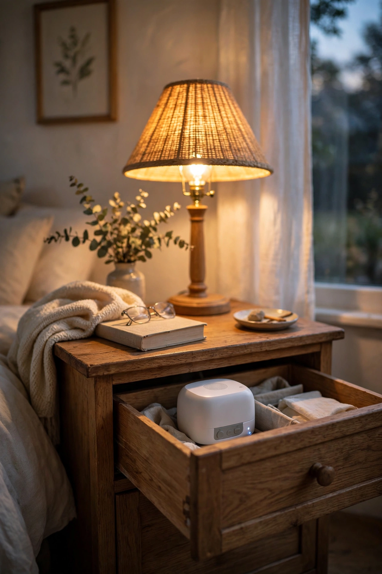 Small white noise machine in a guest bedroom nightstand drawer