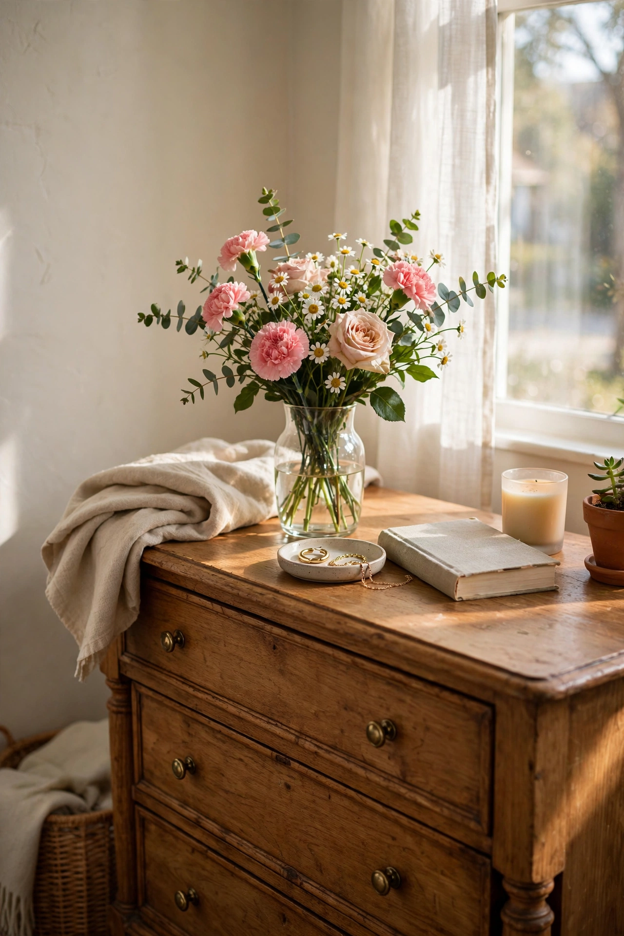 Fresh grocery store flowers in a glass vase on a guest bedroom dresser