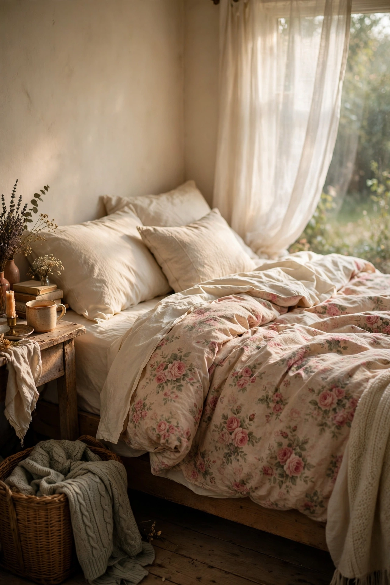 Thrifted faded floral duvet cover on a bed in a cottagecore bedroom