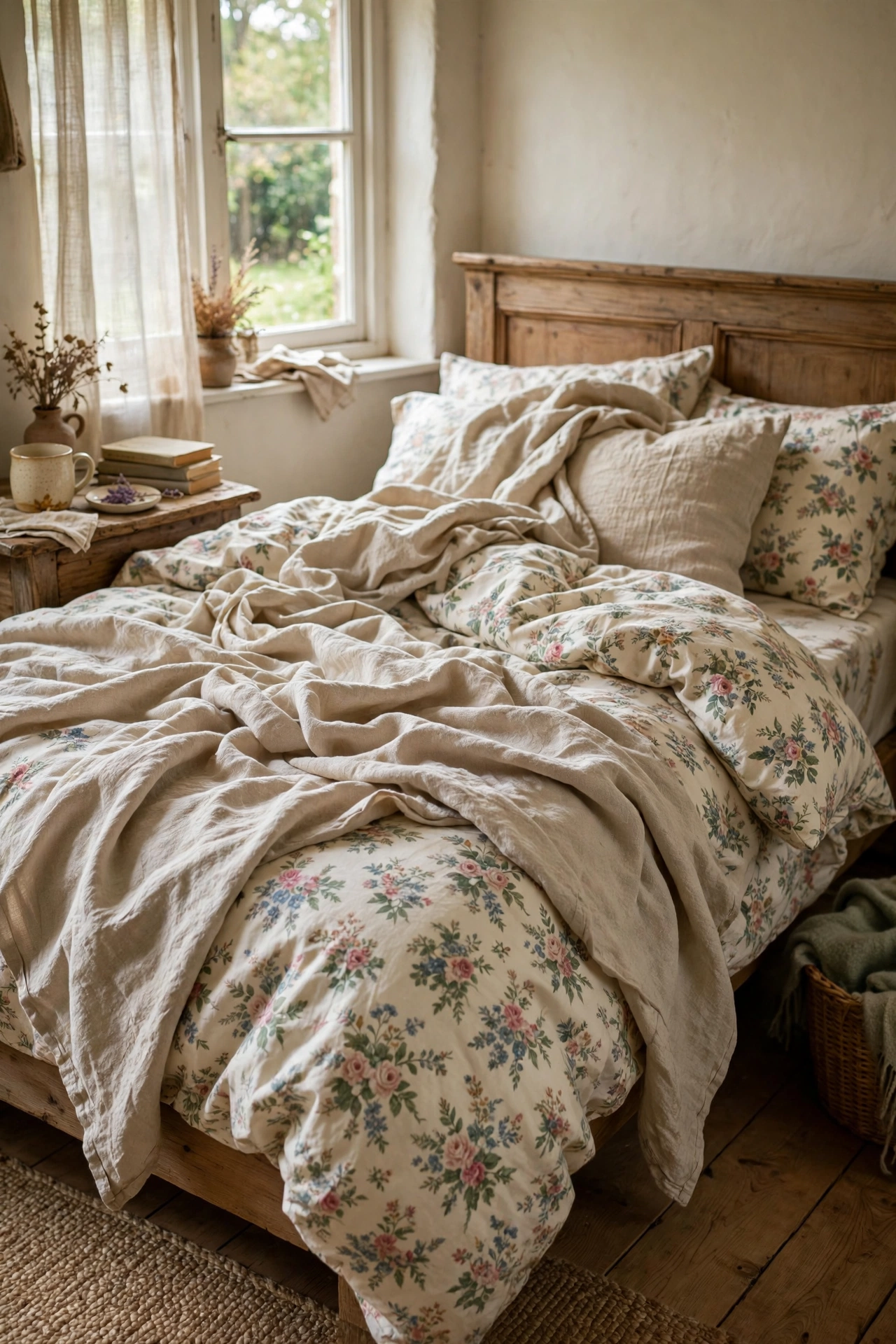 Oatmeal linen-look throw draped loosely over a floral bed in a cottagecore bedroom
