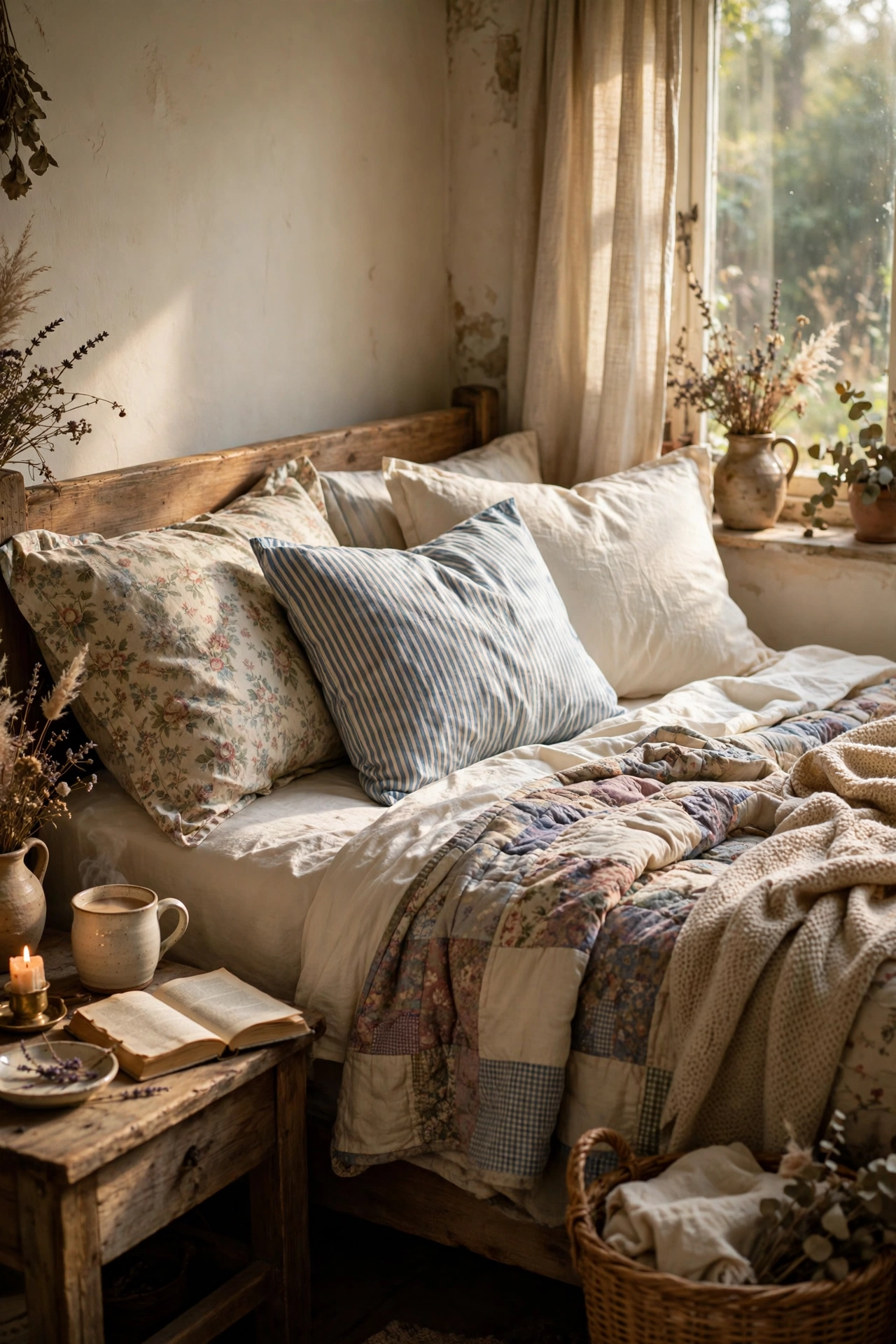 Mix-and-match thrifted pillowcases in floral, stripe and cream on a cottagecore bed