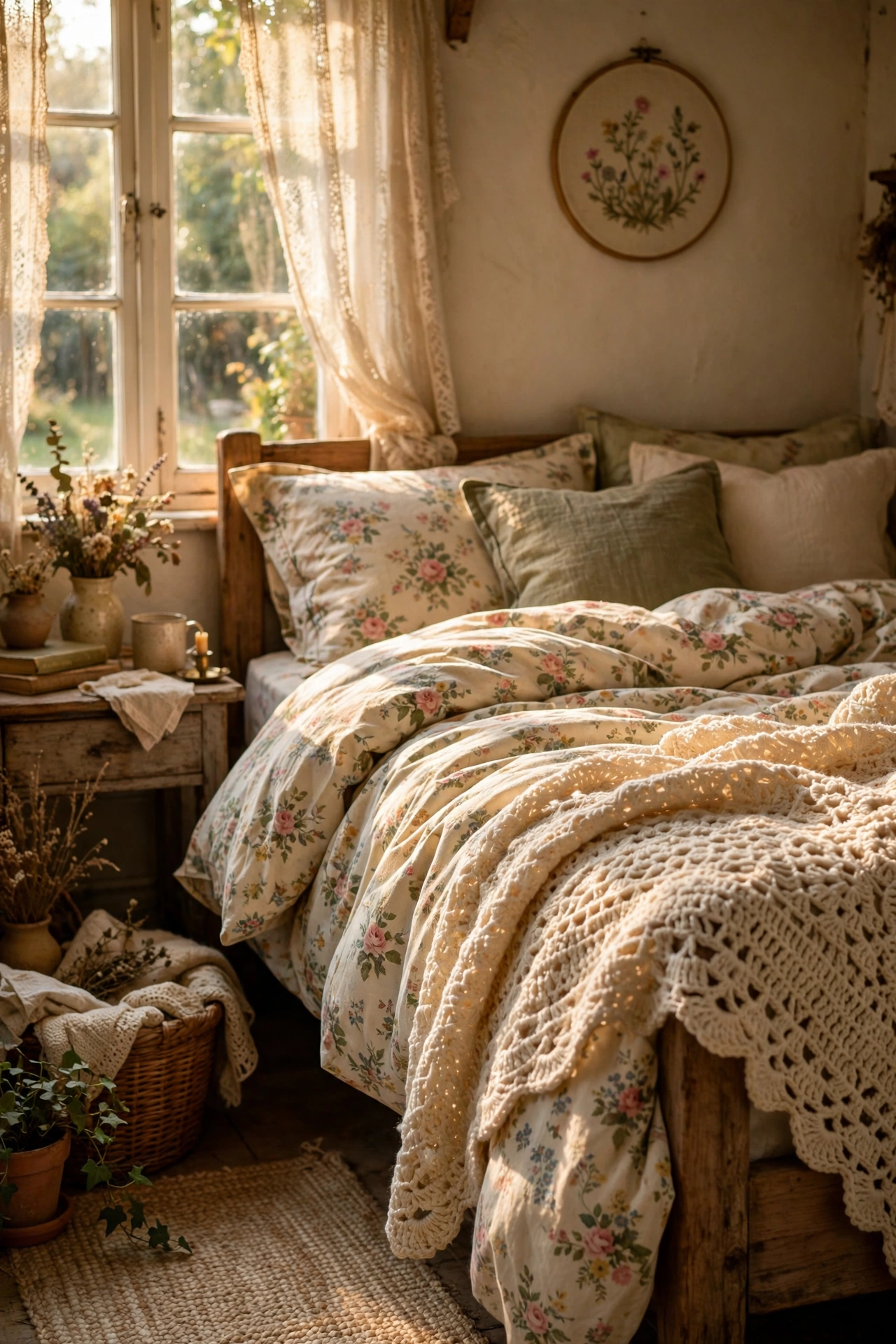 Thrifted cream crocheted afghan draped over the corner of a cottagecore bed