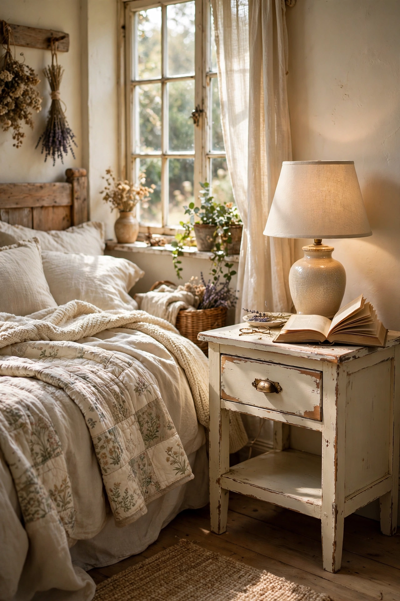 Small pine nightstand painted distressed cream white in a cottagecore bedroom