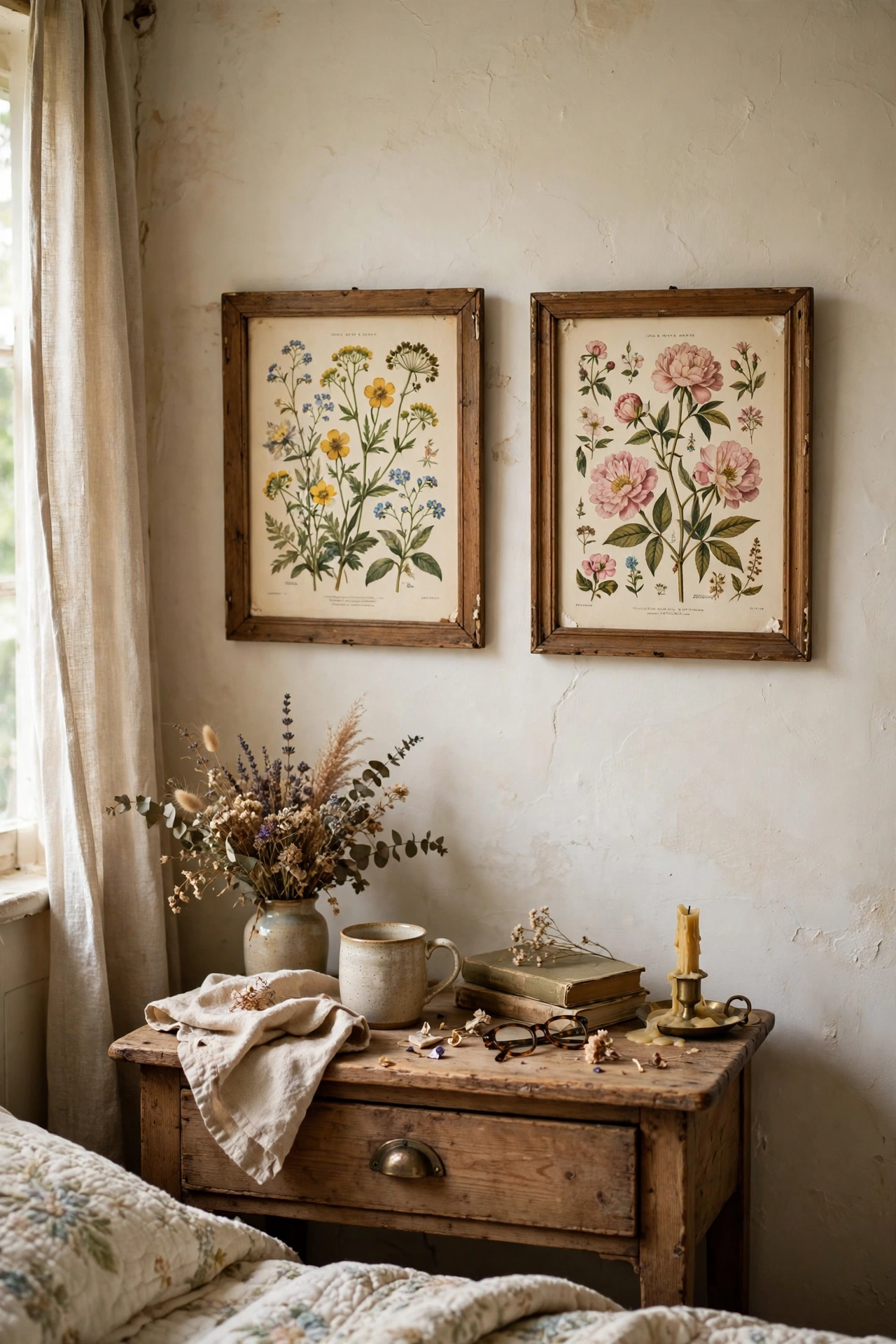 Two thrifted vintage floral botanical prints in wooden frames above a nightstand