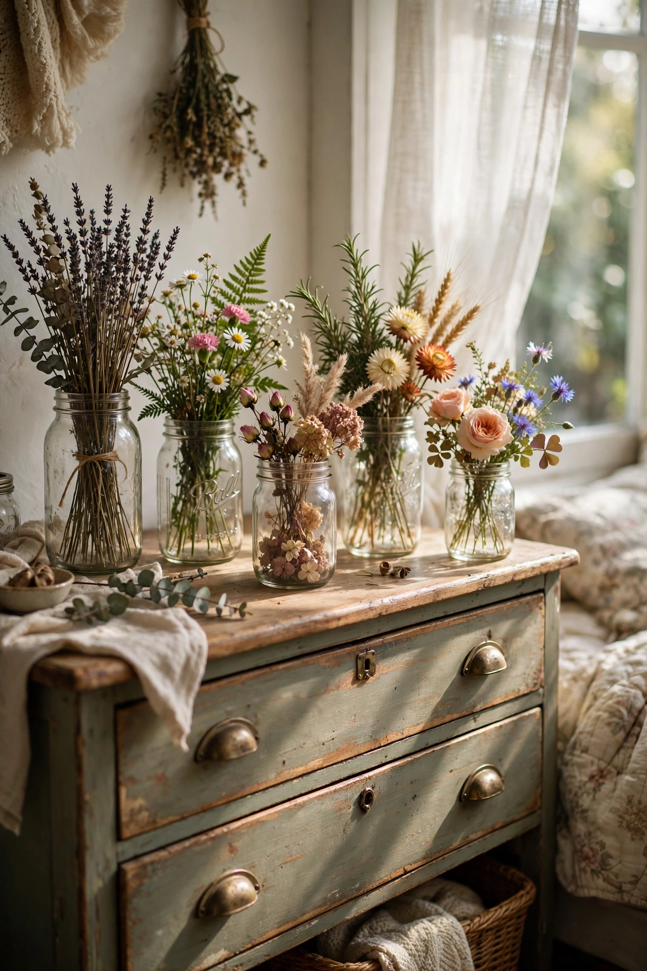Mason jars in different sizes with fresh and dried flowers on a cottagecore dresser