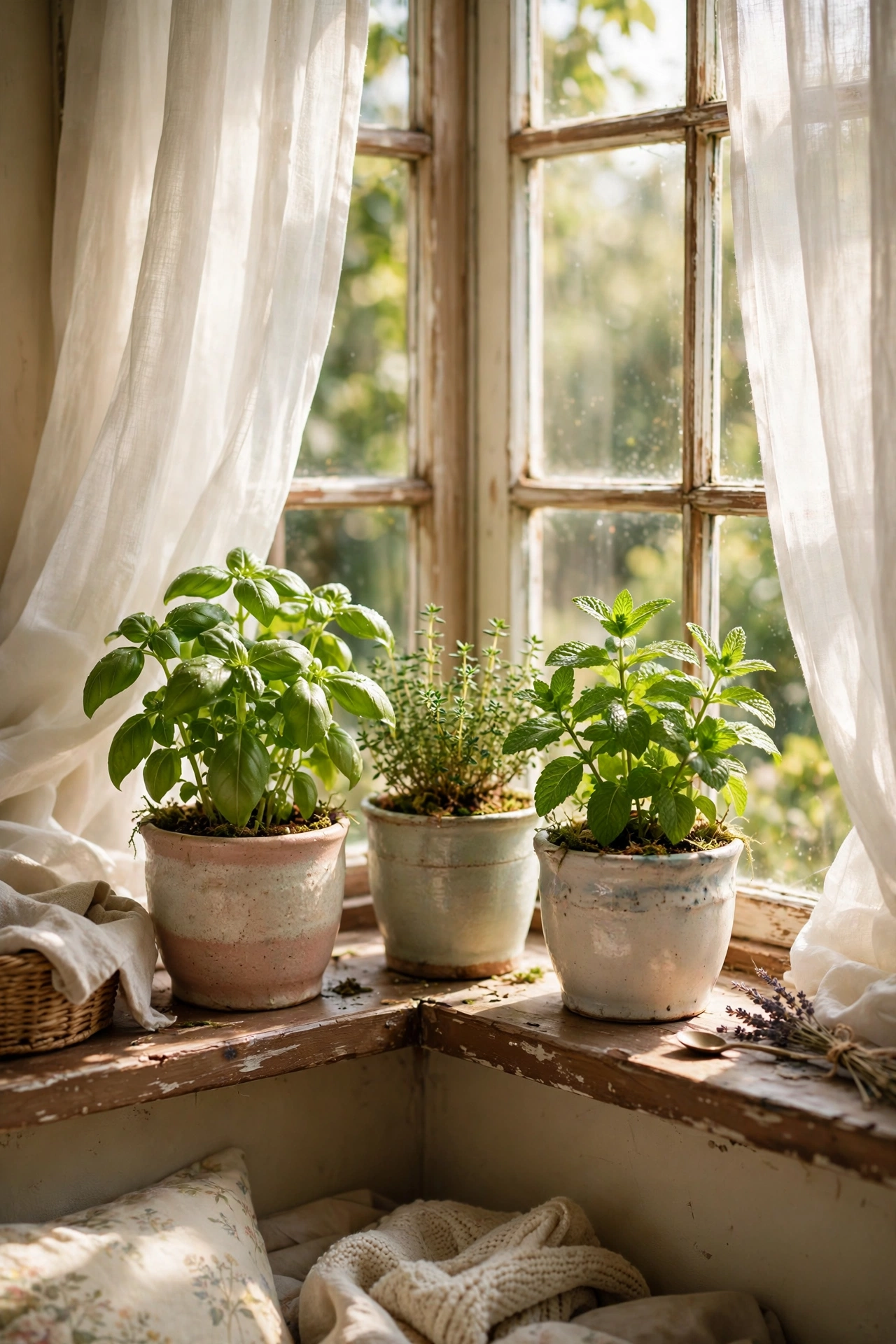 Three potted herbs growing on a sunny bedroom windowsill in ceramic pots