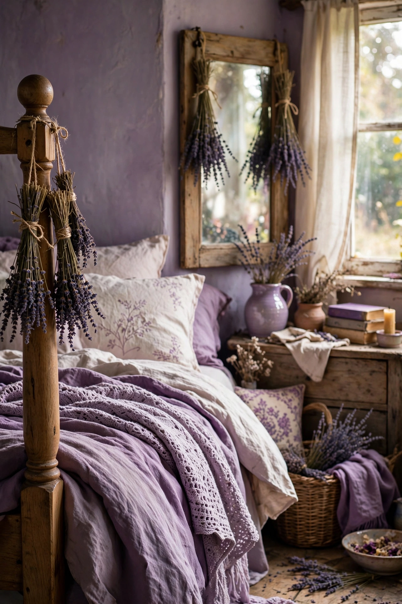 Dried lavender bundles tied with twine hanging on a bedpost and mirror