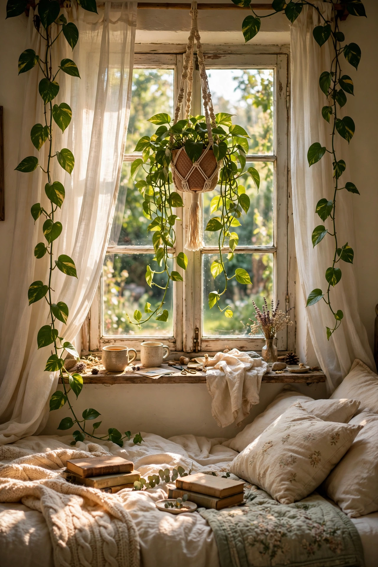 Trailing pothos in a macrame hanger by a cottagecore bedroom window