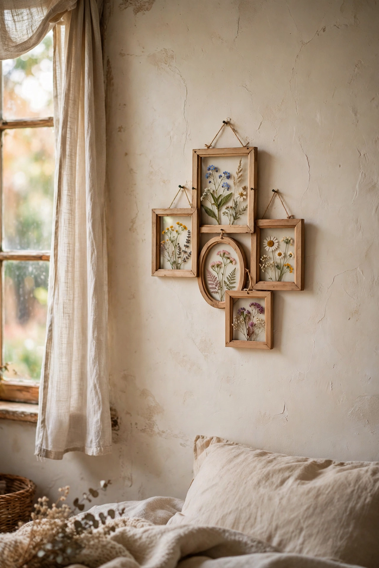 Pressed wildflowers arranged in small thrifted frames on a cottagecore bedroom wall