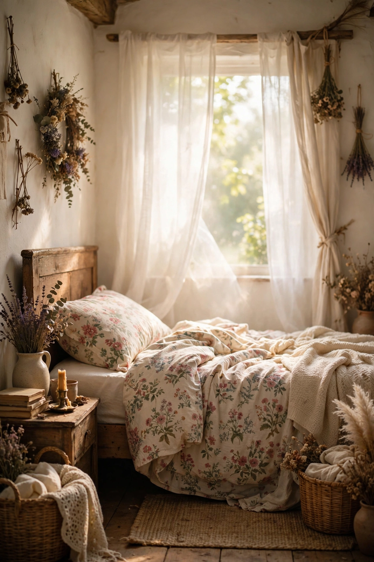 Sheer white curtains diffusing daylight in a cottagecore bedroom