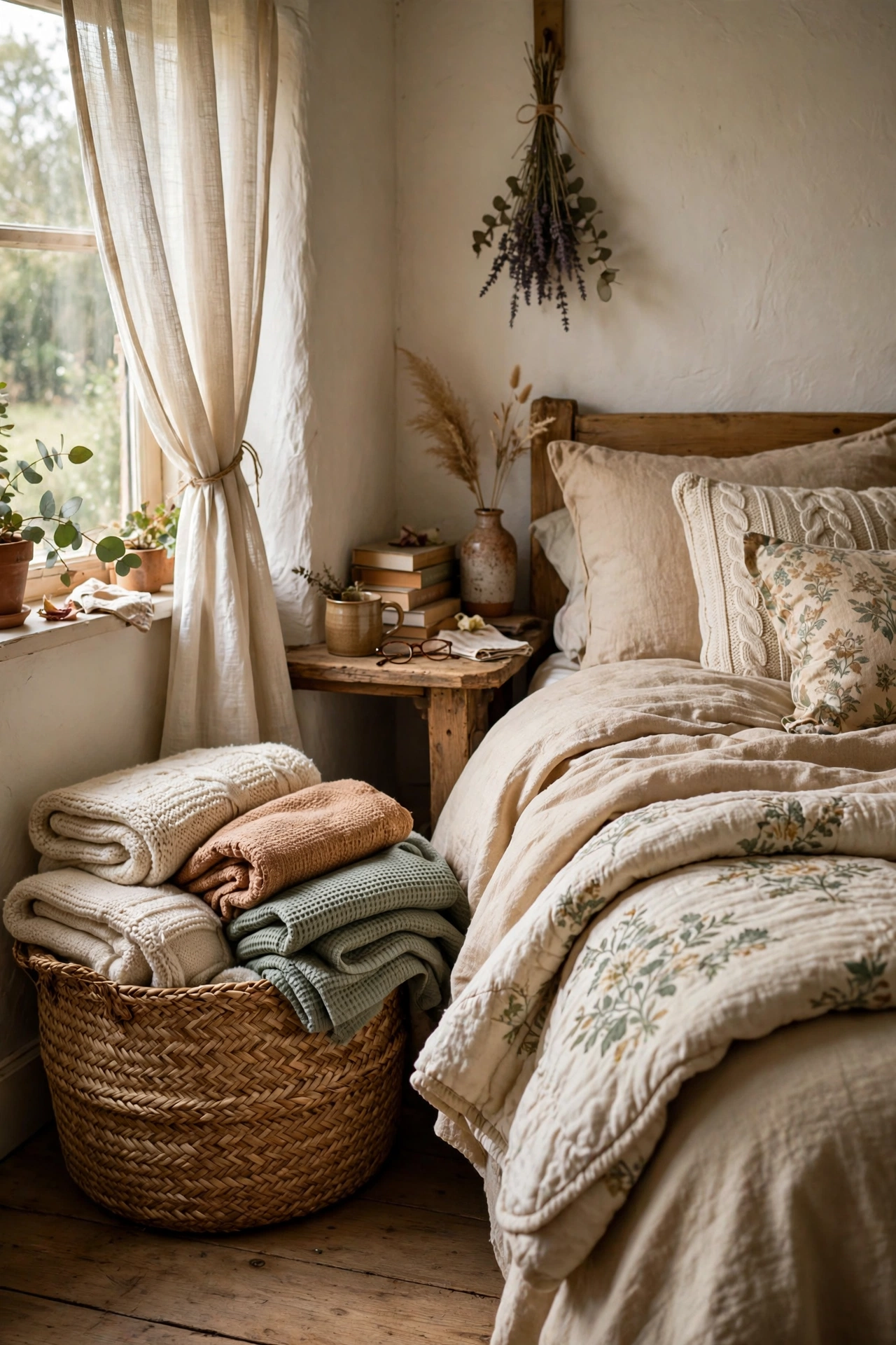 Large seagrass basket holding folded throws beside a cottagecore bed