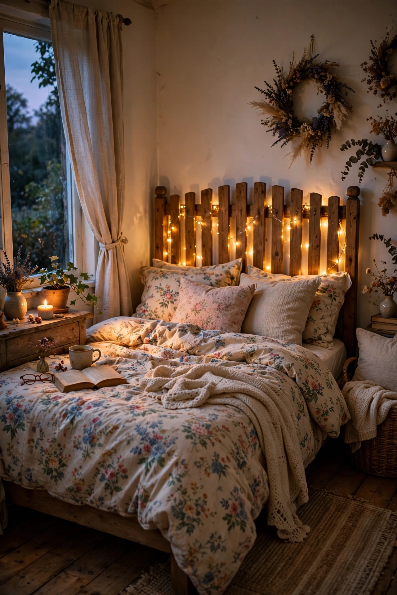 Warm fairy lights woven through a wooden headboard glowing in a cottagecore bedroom