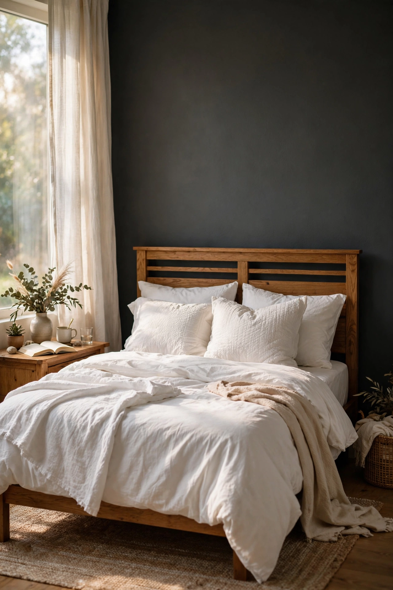 Charcoal gray matte accent wall behind a bed with white bedding in a calm bedroom