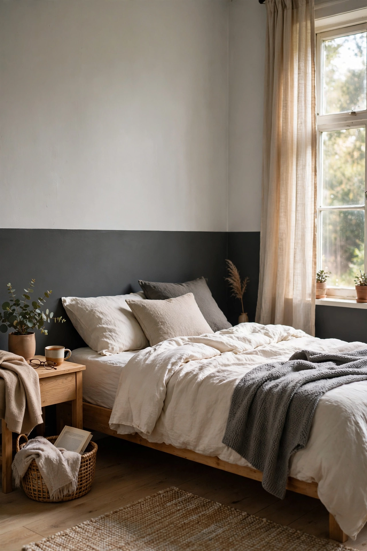 Bedroom with two-tone walls, charcoal gray below and light gray above the chair-rail line