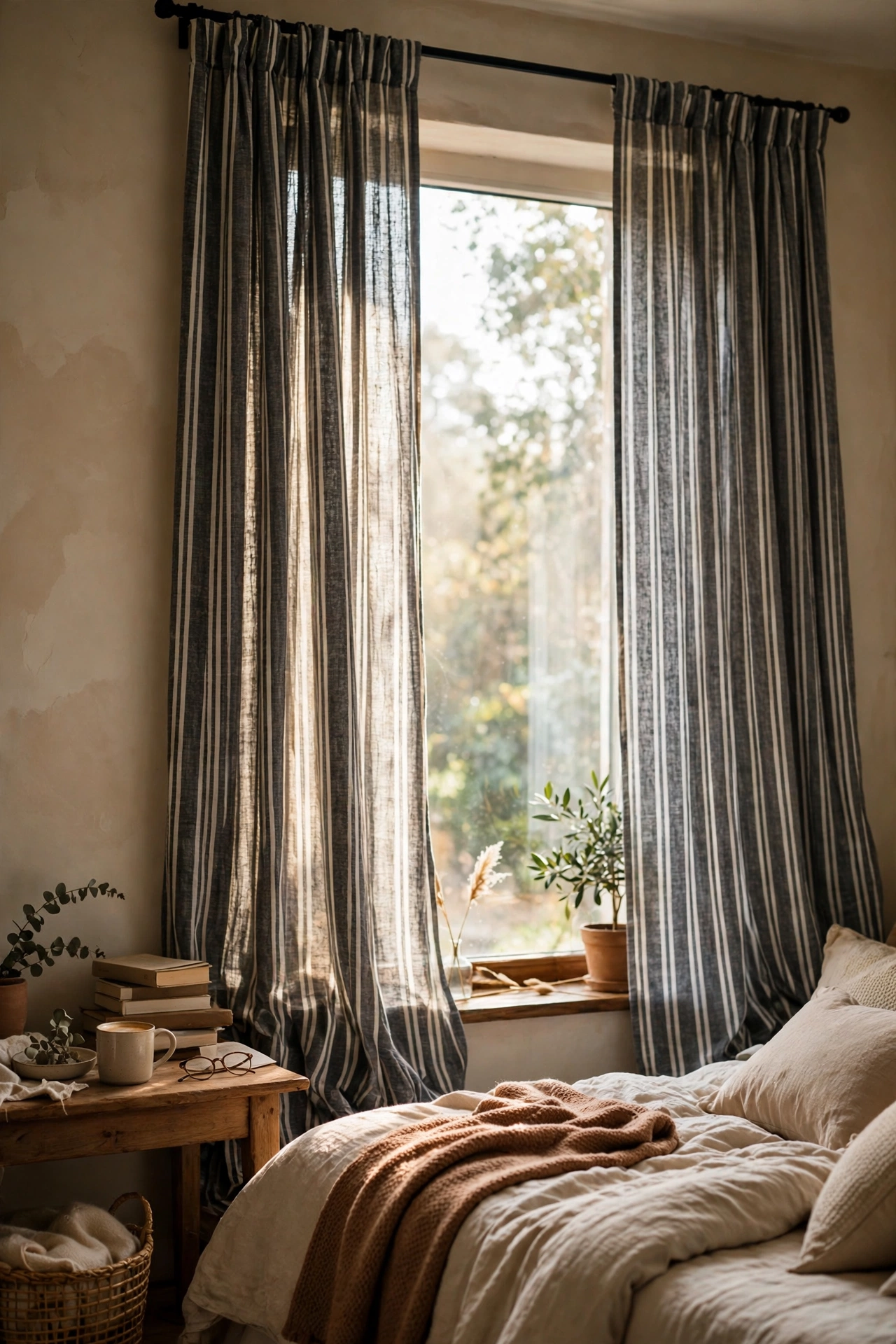 Charcoal and white striped curtains hung high on a bedroom window