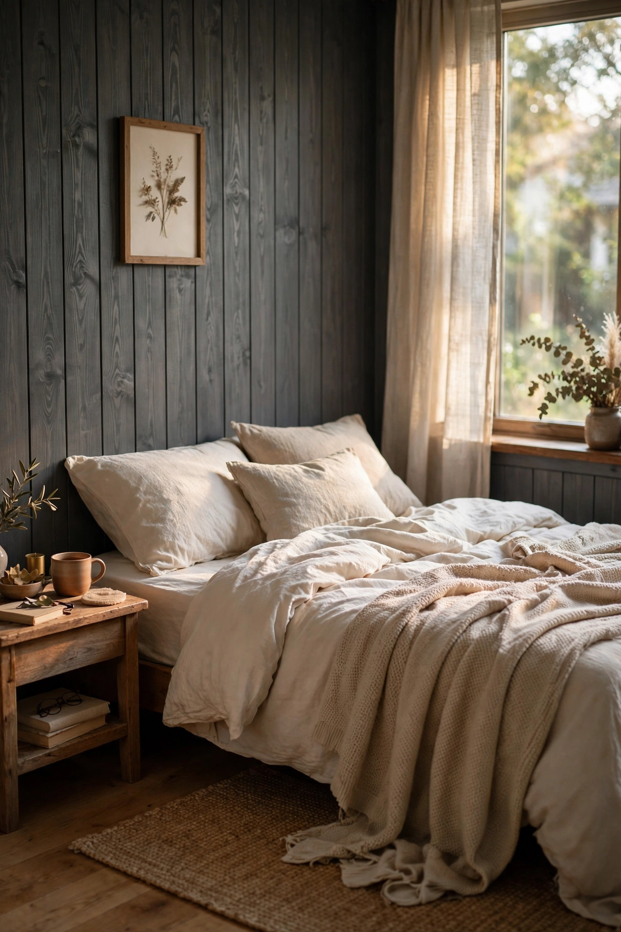 Dated wood paneling updated with a charcoal gray wash showing wood grain texture