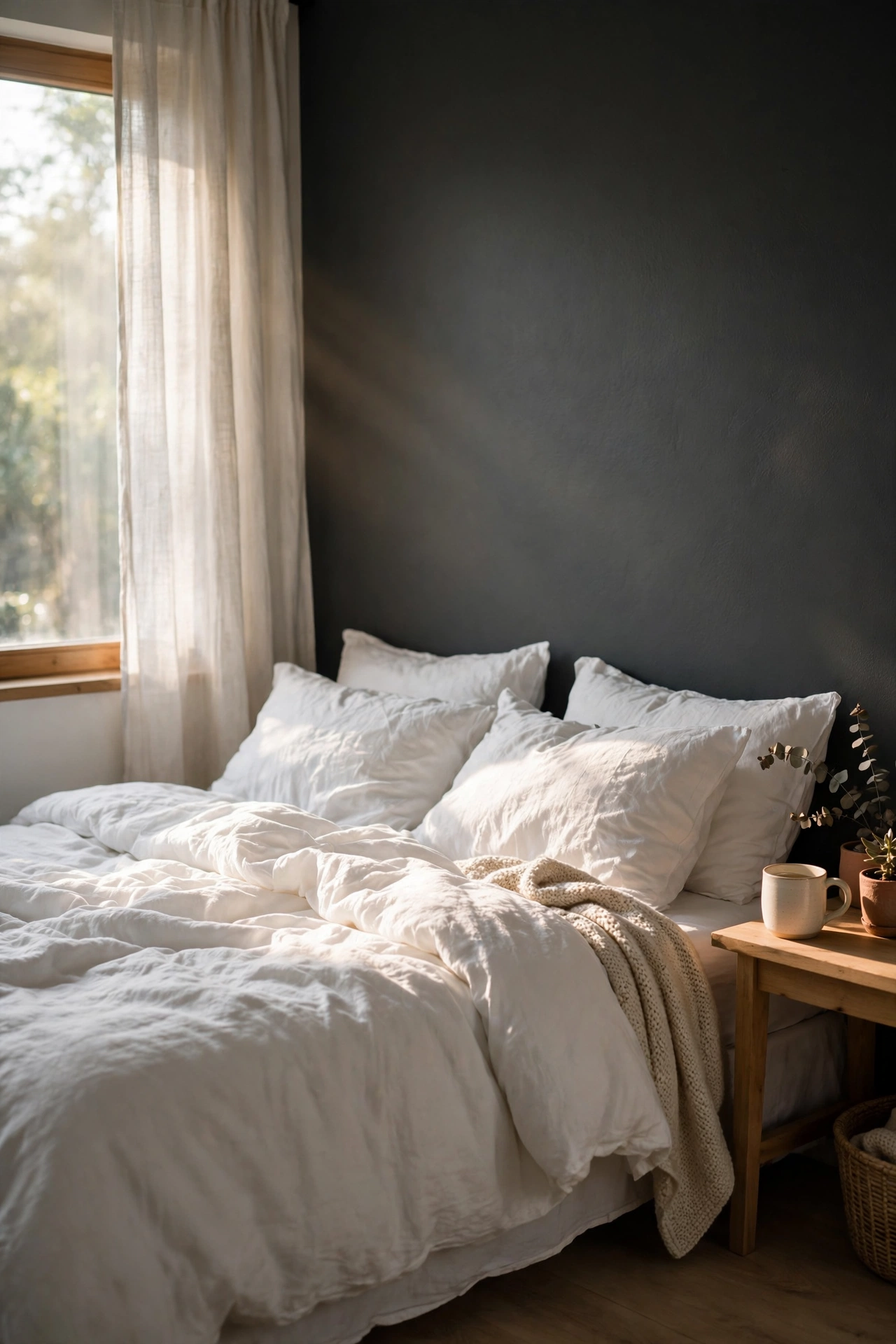 Crisp white bedding glowing against a charcoal gray bedroom wall