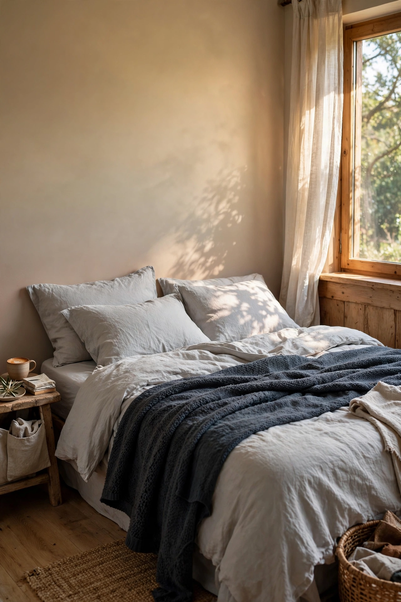 Dark slate gray throw layered over lighter gray bedding at the foot of a bed