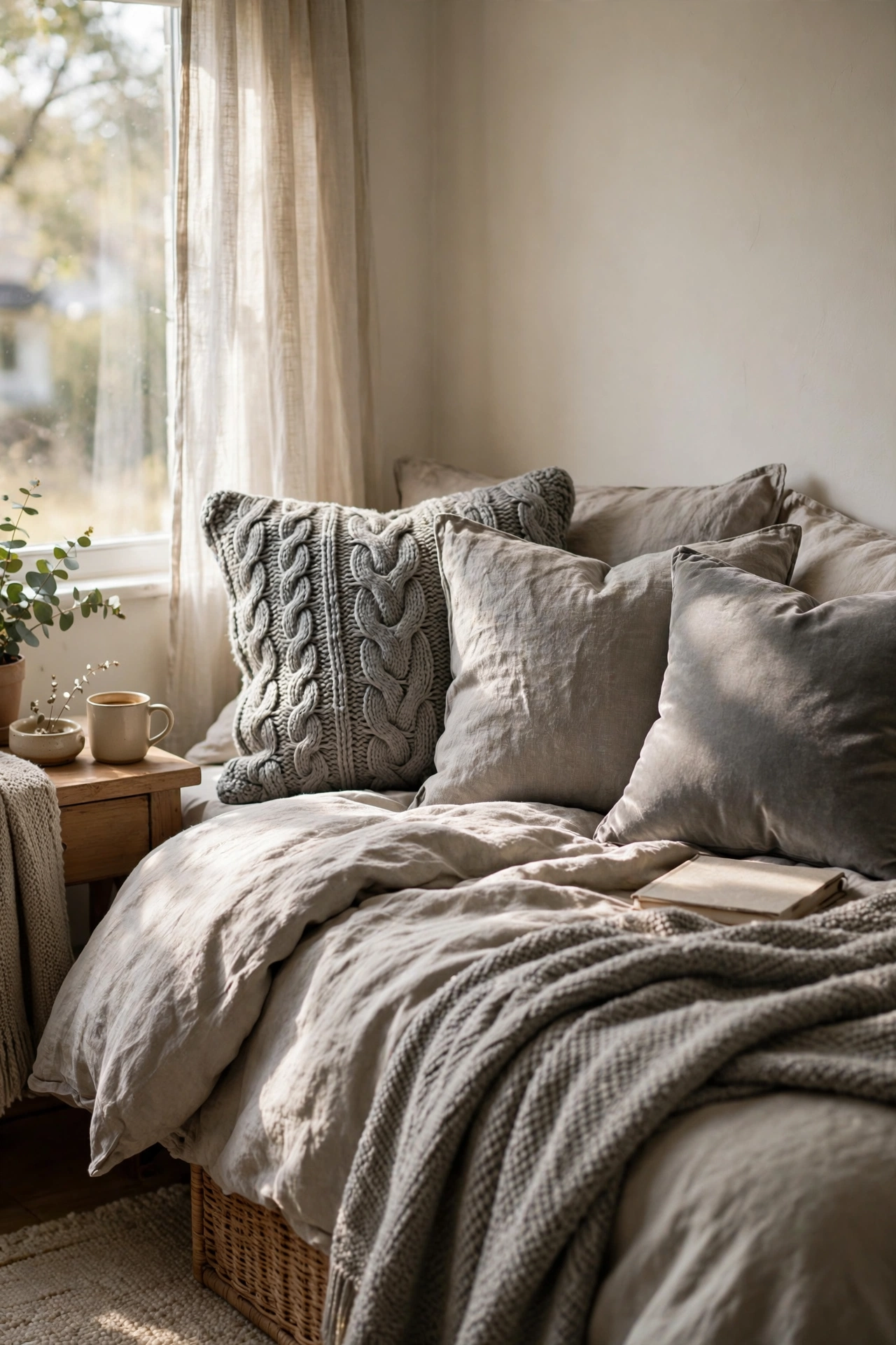 Bed styled with textured gray pillows in knit, linen and velvet finishes
