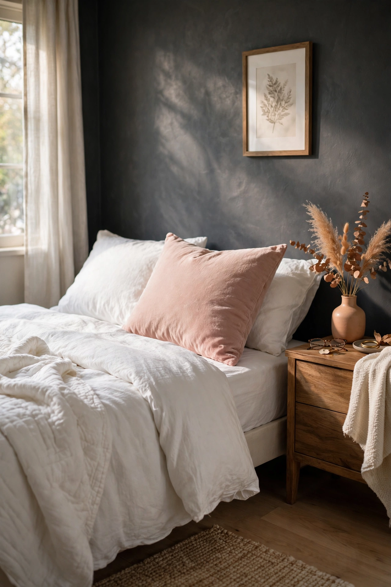 Blush pink pillow and small vase as warm accents in a charcoal gray bedroom