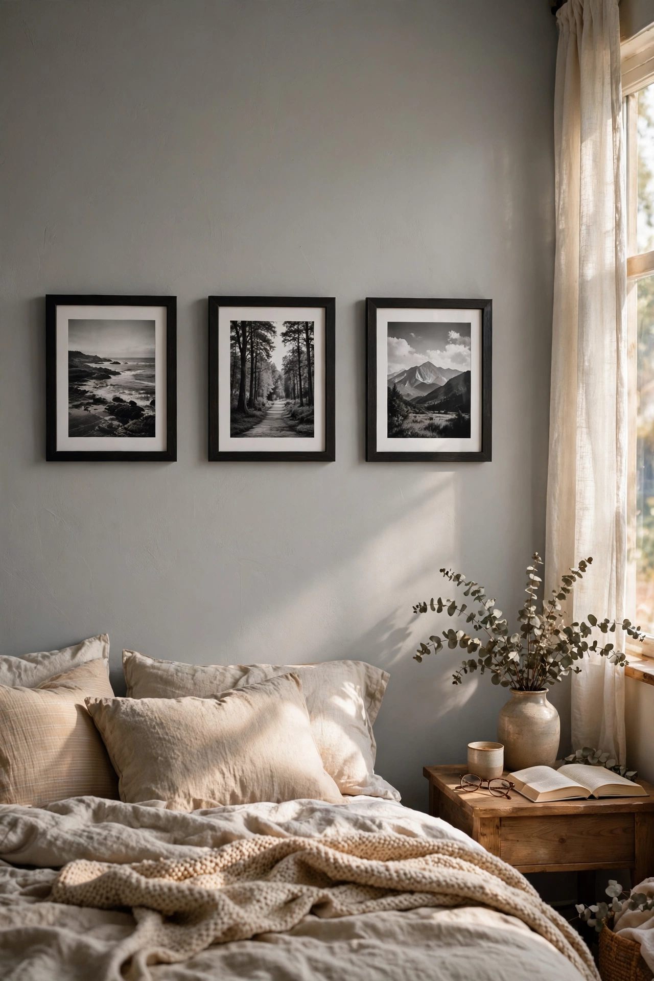 Three black and white personal photos in black frames hung in a gray bedroom