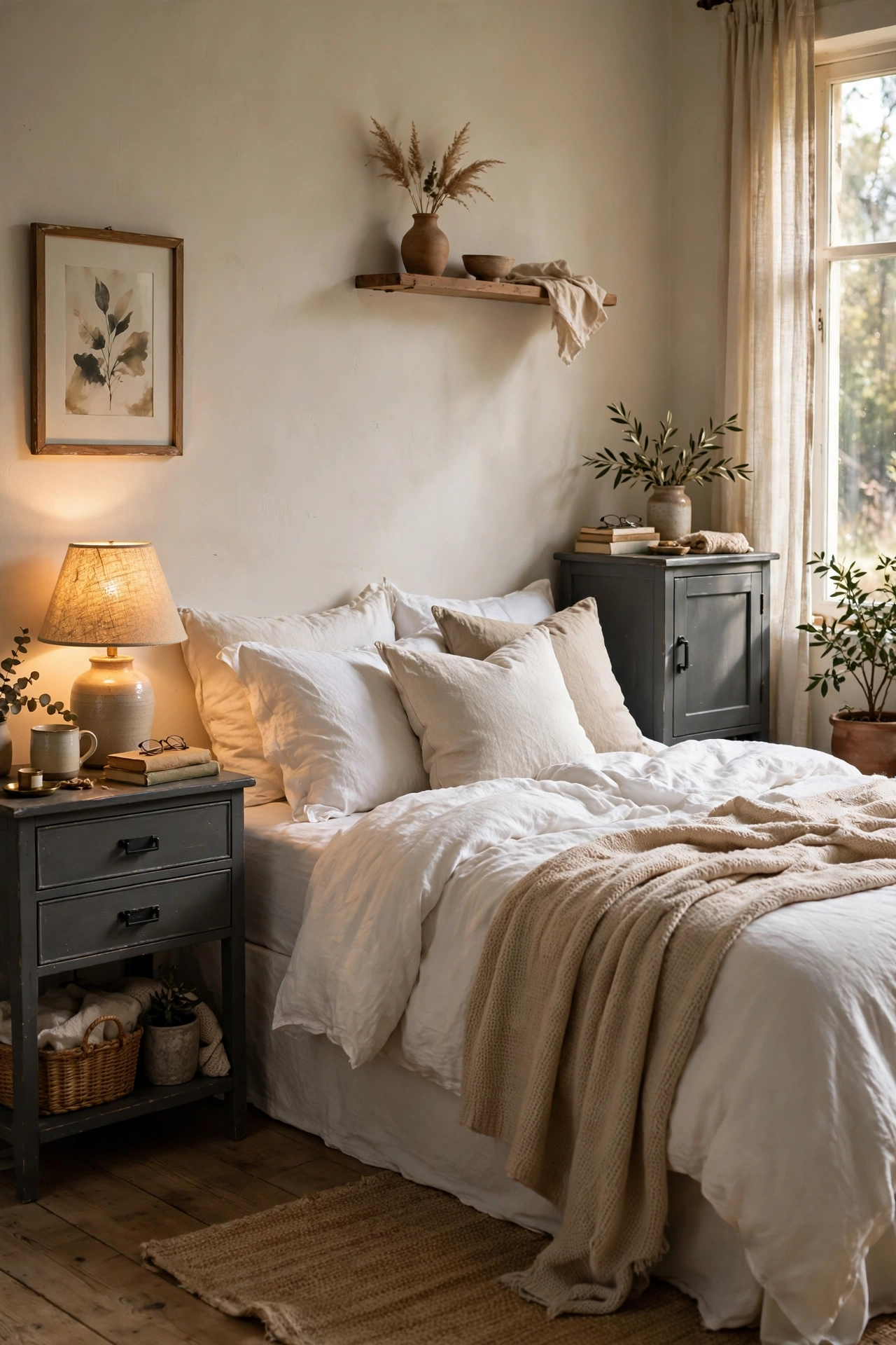Two mismatched nightstands painted matching charcoal gray flanking a bed