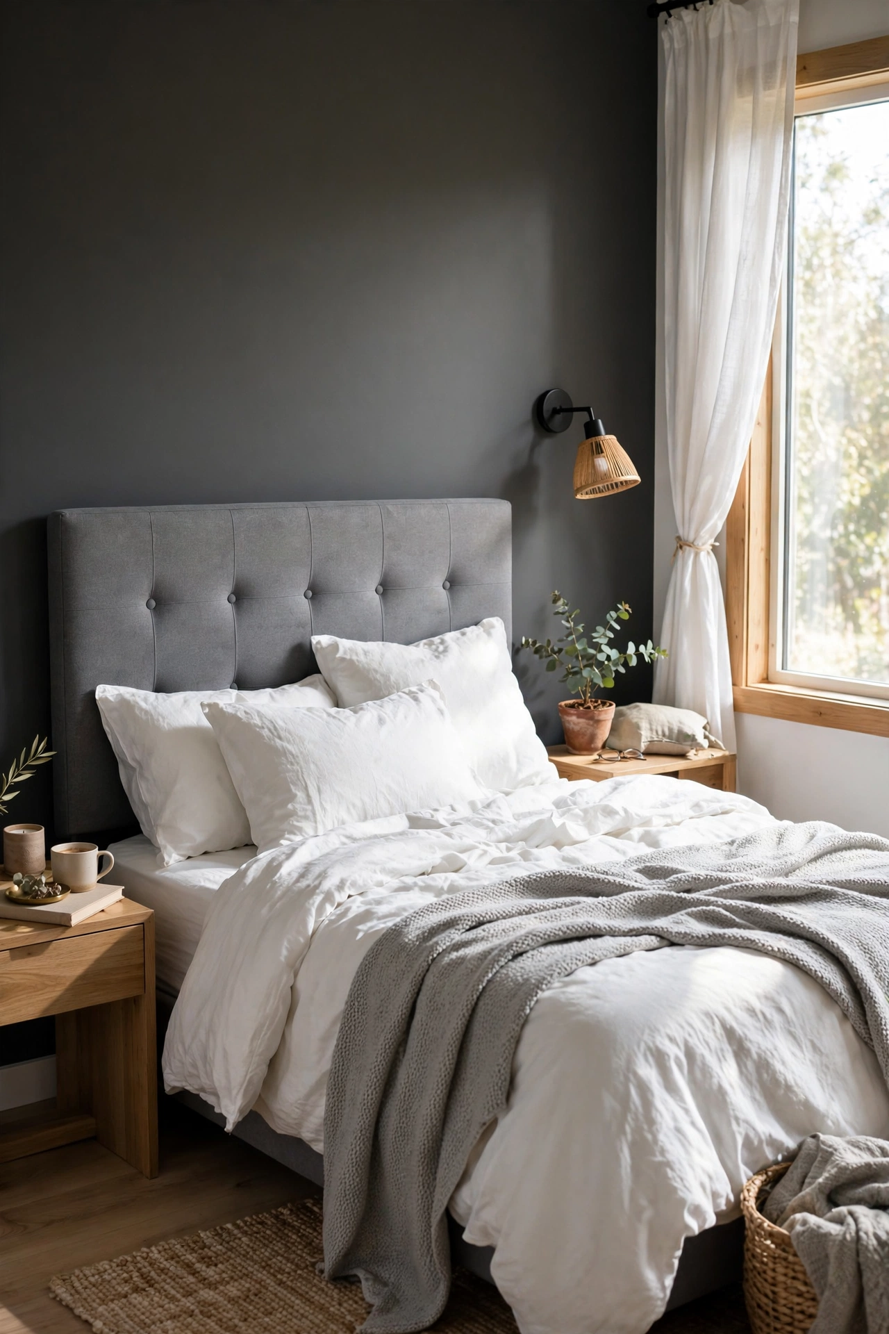 DIY gray upholstered headboard made from plywood, foam and linen fabric