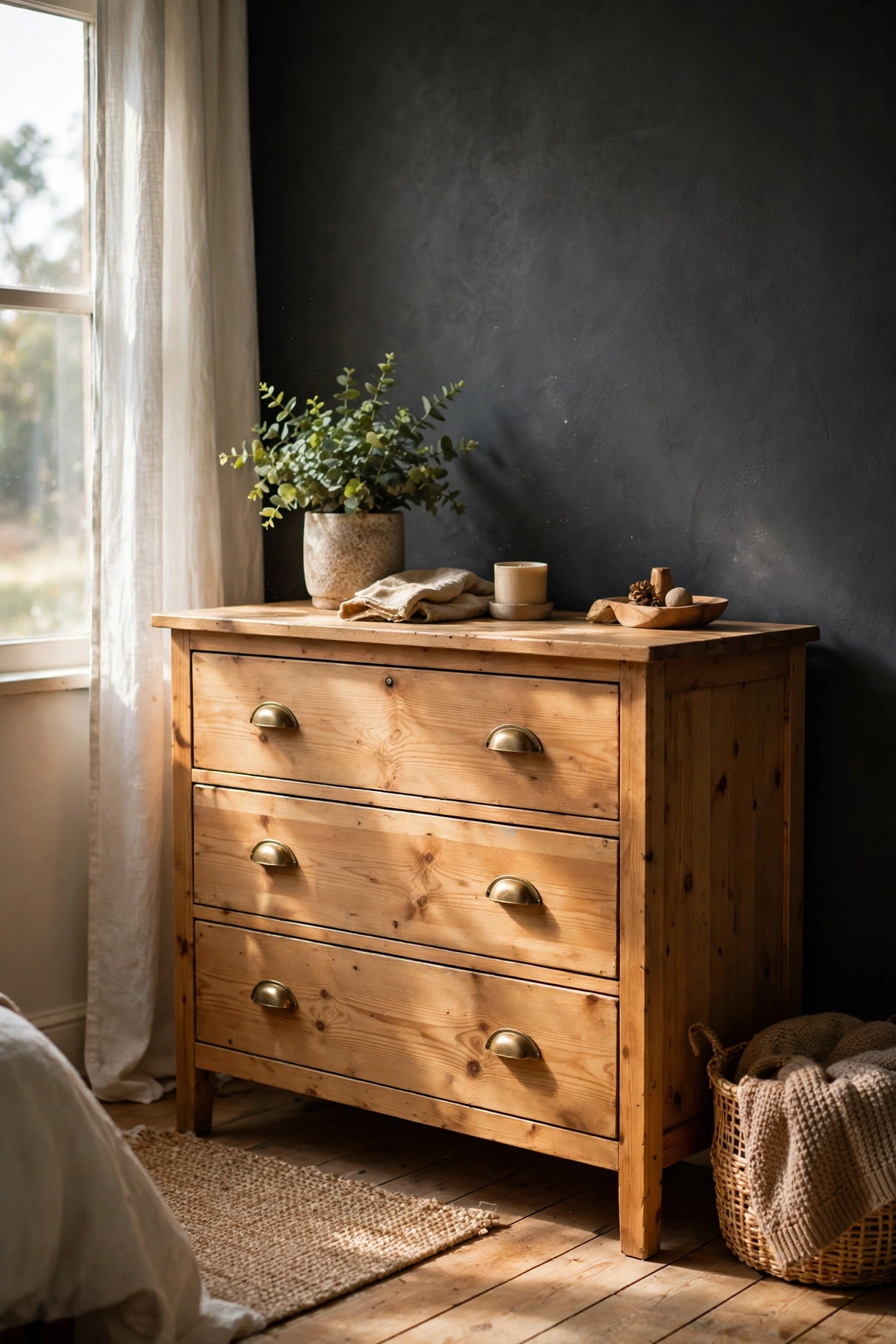 Natural light wood dresser glowing against a charcoal gray bedroom wall