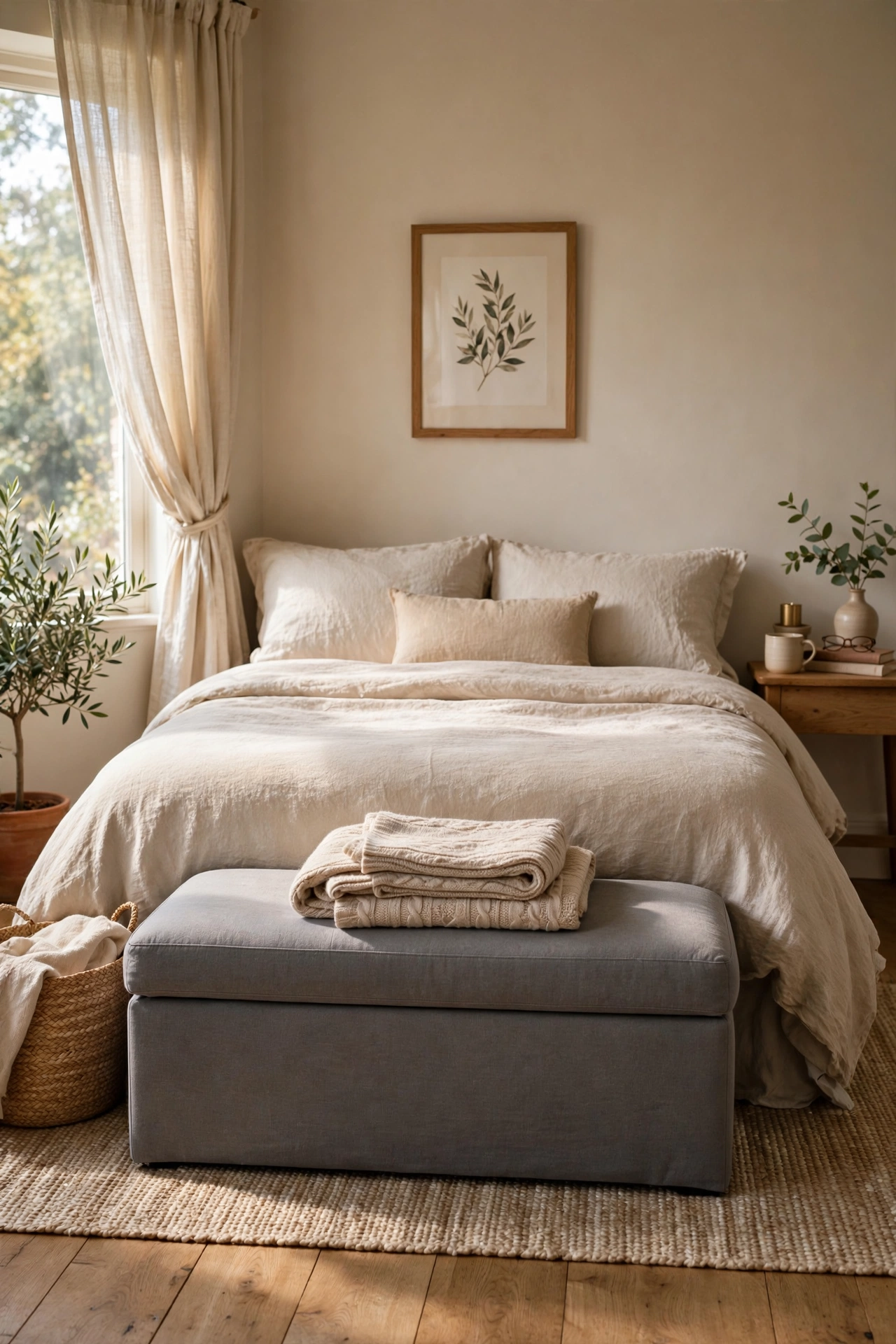 Gray upholstered bench at the foot of a bed in a charcoal gray bedroom