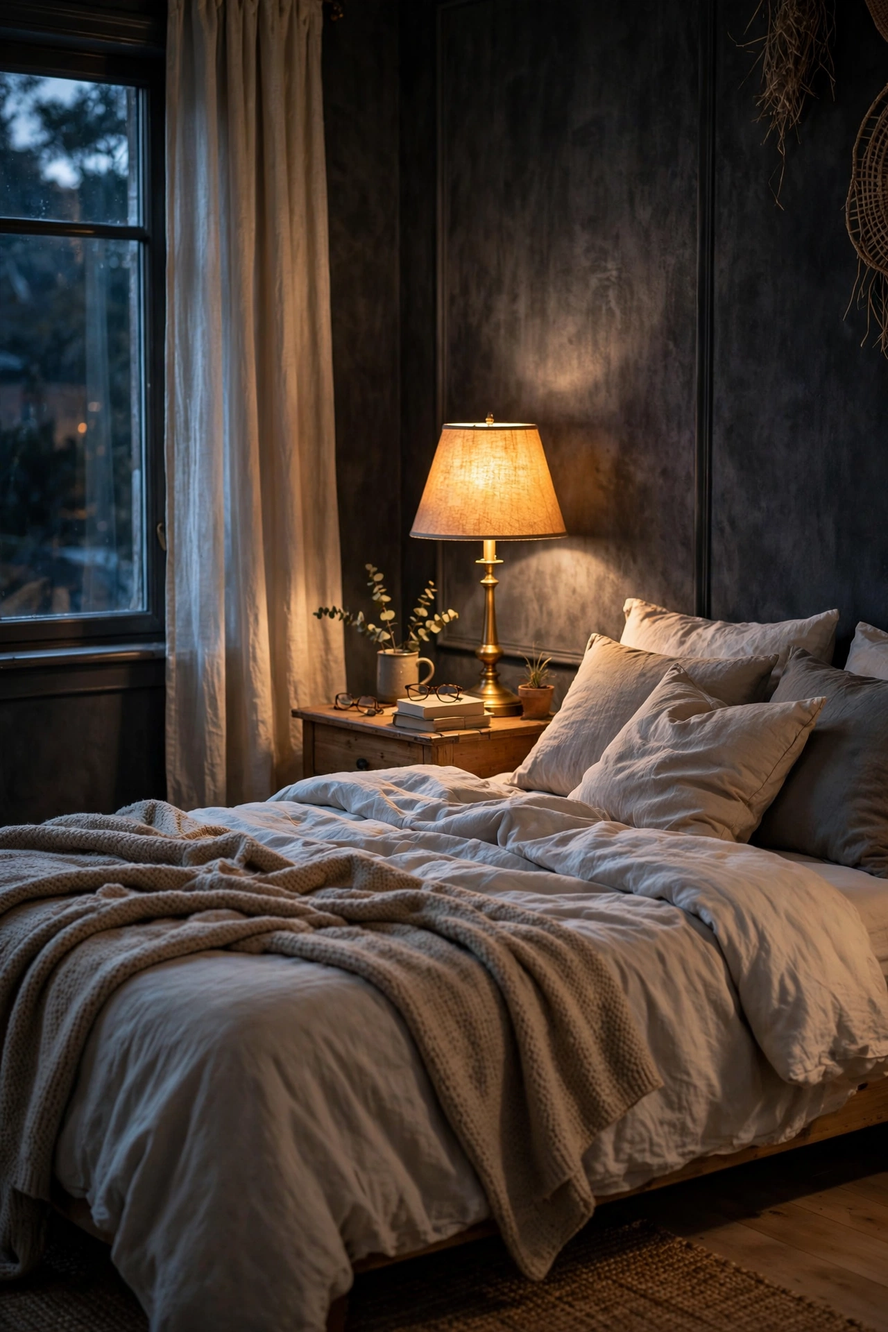 Charcoal bedroom glowing with warm 2700K lighting at night, rich and velvety