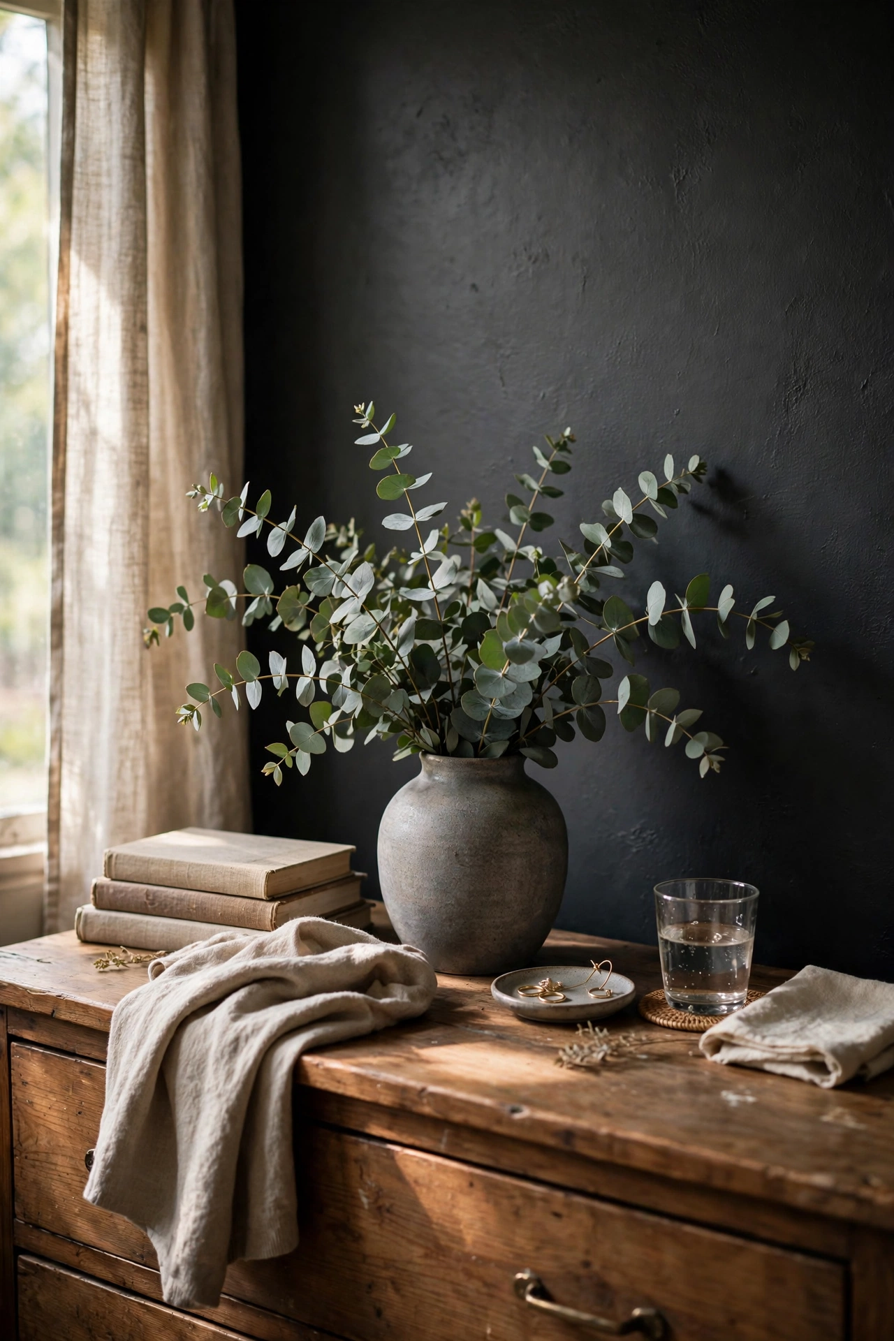 Fresh eucalyptus stems in a gray ceramic vase on a bedroom dresser