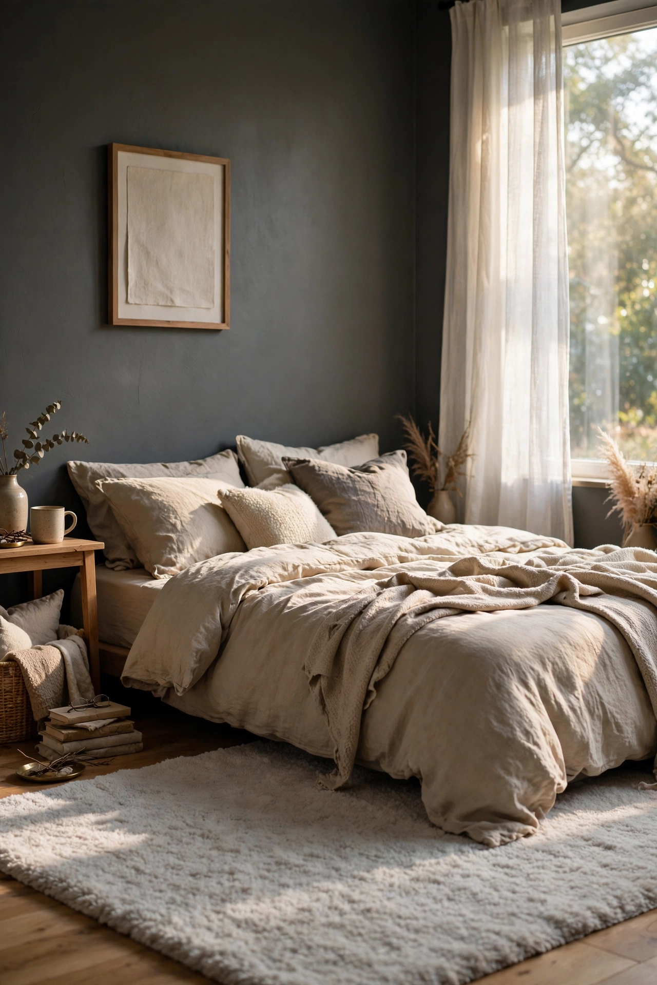 Plush light-gray area rug under a bed in a charcoal gray bedroom
