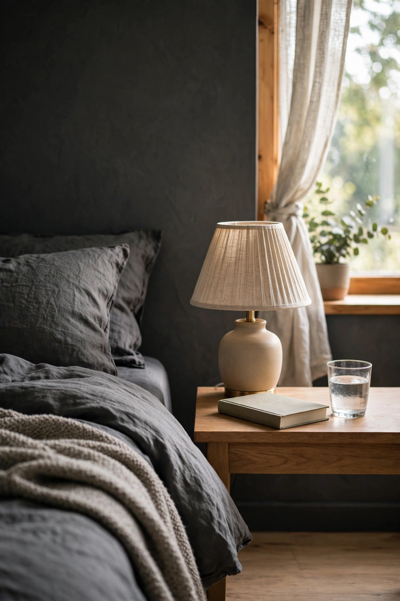 Charcoal bedroom nightstand with only a lamp, book and water glass, surfaces clear