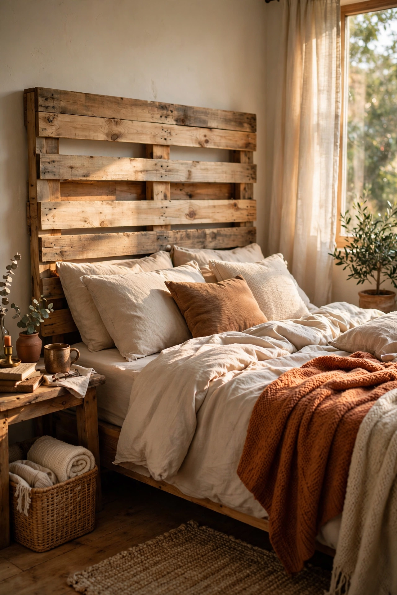 Rustic headboard built from sanded pallet wood boards behind a bed